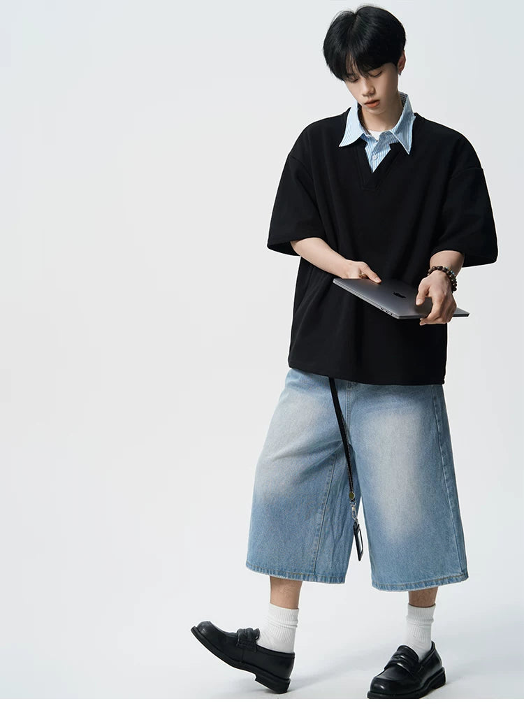 Layered V-Placket Oversize Polo Tee