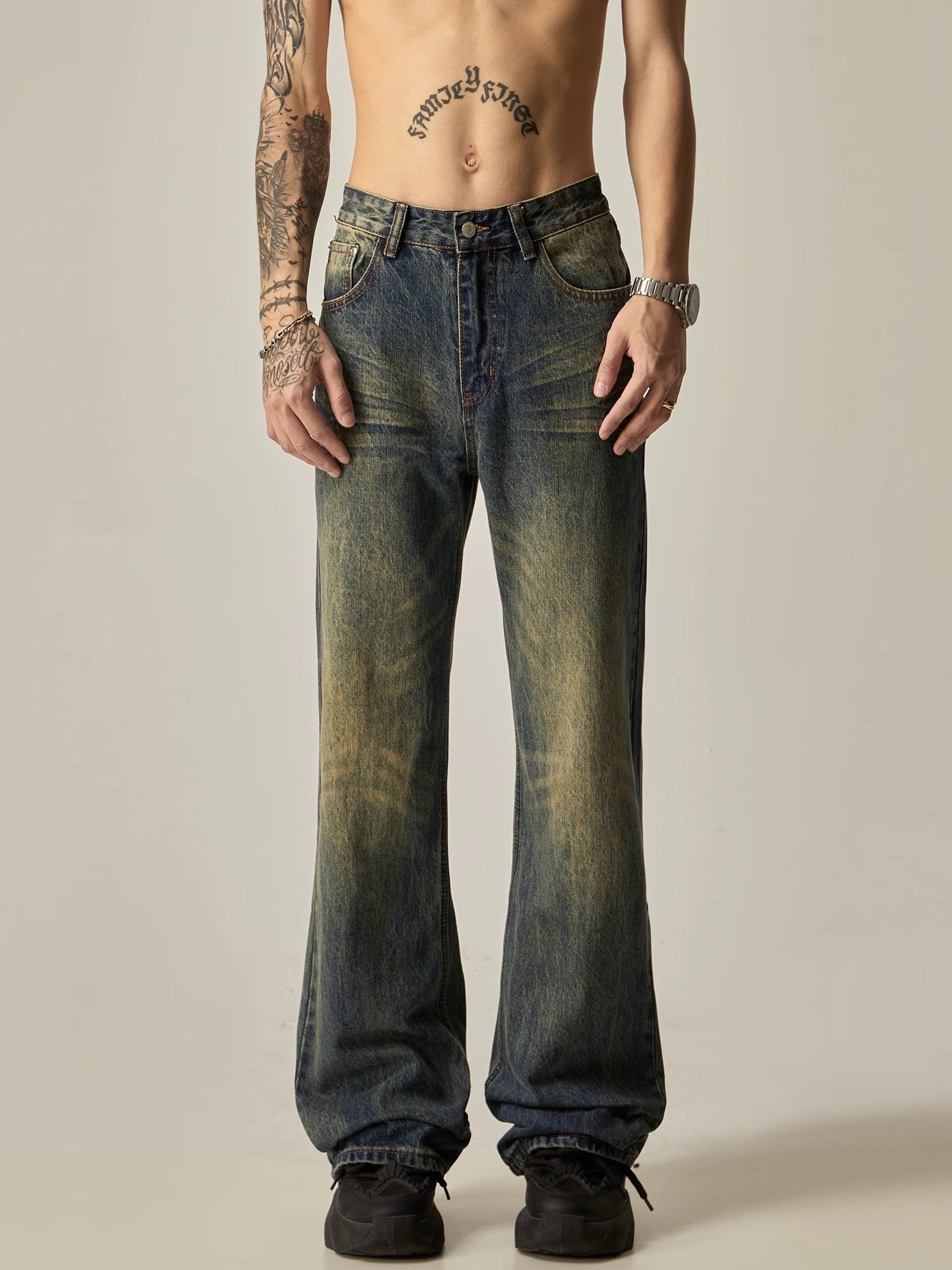 Vintage Wash Flared Denim Jeans