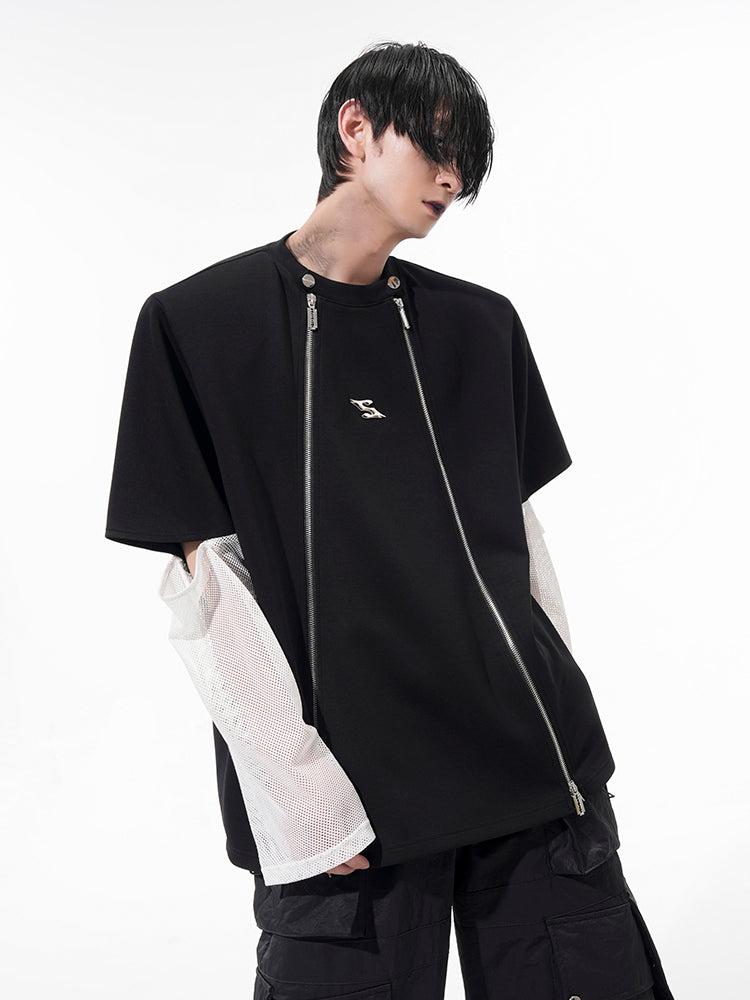 Dual Front Zippers and Mesh Sleeves T-Shirt