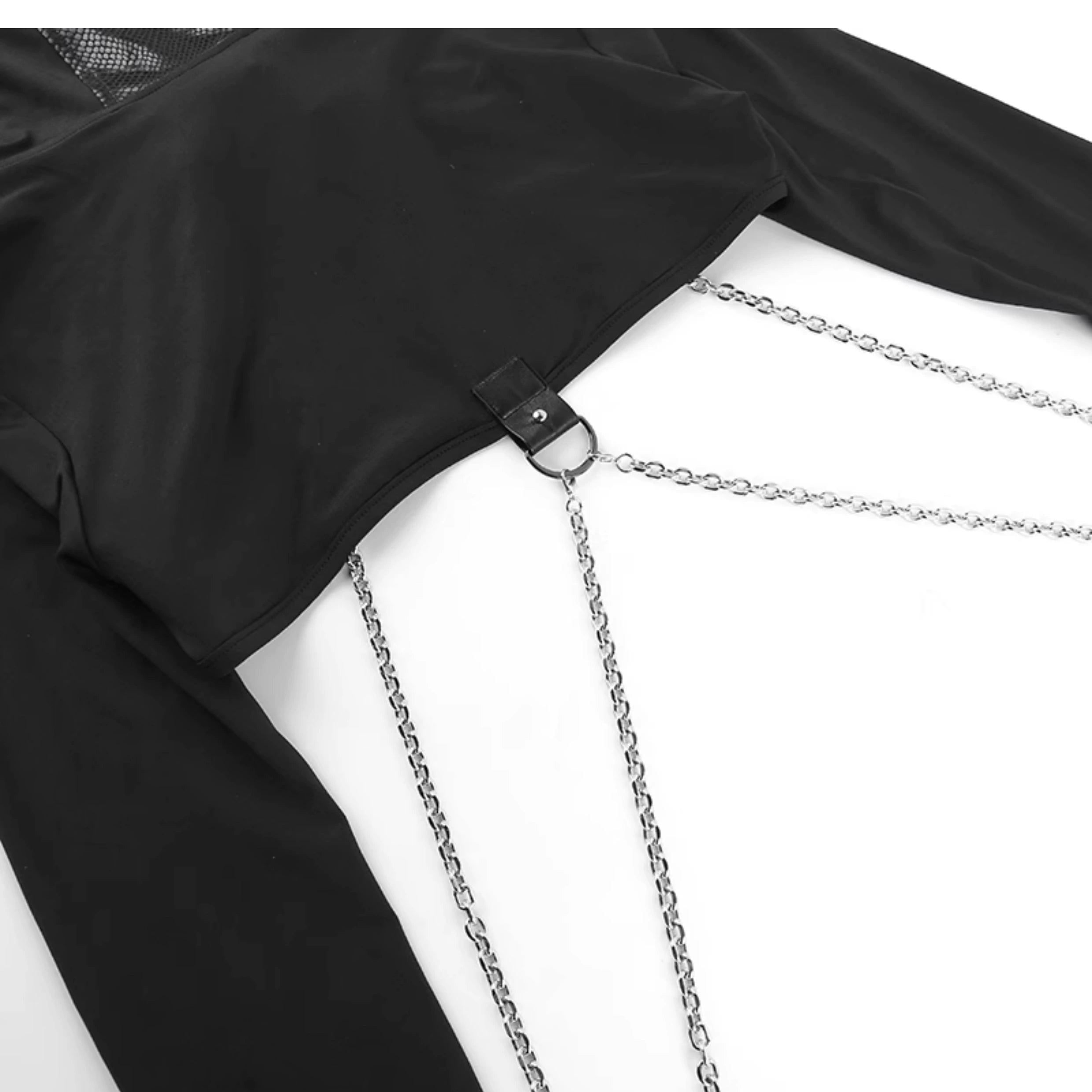 Wannathis Gothic Hooded Crop Top - Black Long Sleeve Chain Harness Shrug