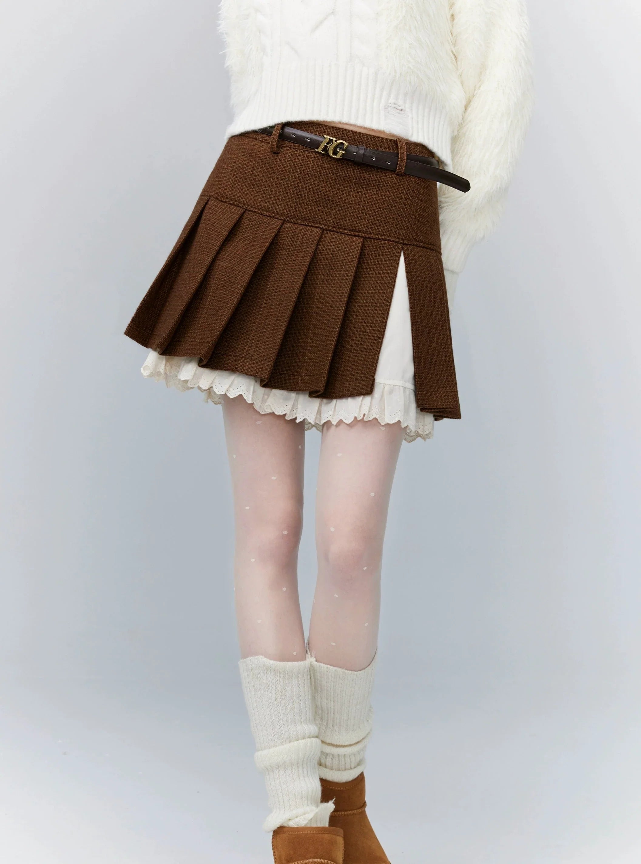 Brown Pleated Mini Skirt with White Lace Underskirt