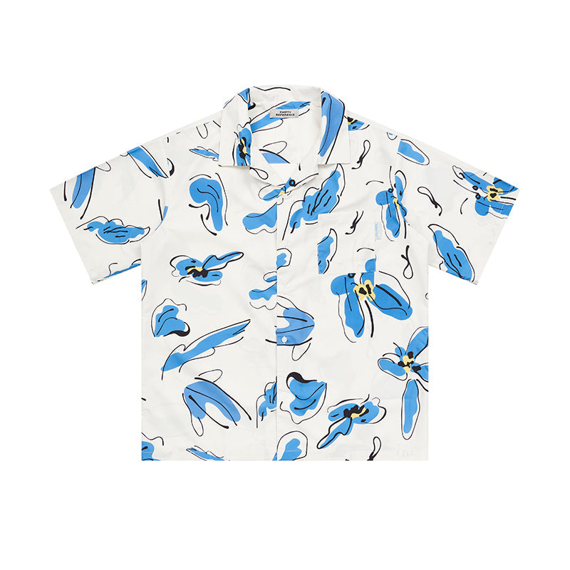 Delicate White Blue Flower Short Sleeve Shirt - chiclara