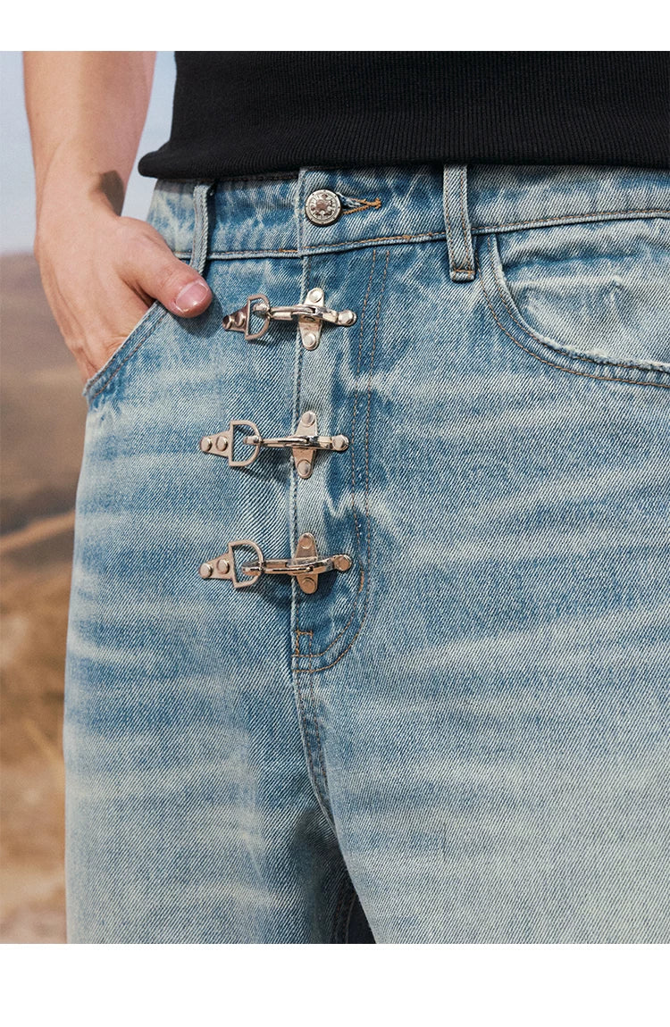Embroidered Buckle Detail Wide Leg Jeans