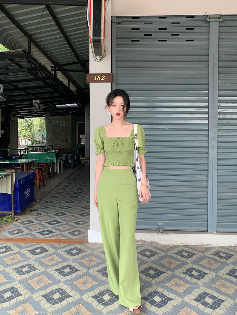 Green Smocked Crop Top and Pants Setup