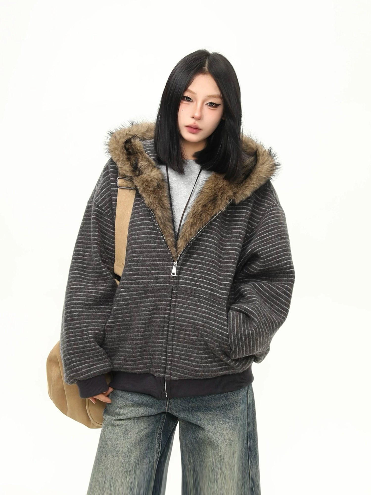 Frost Ridge Striped Faux Fur Hoodie Jacket