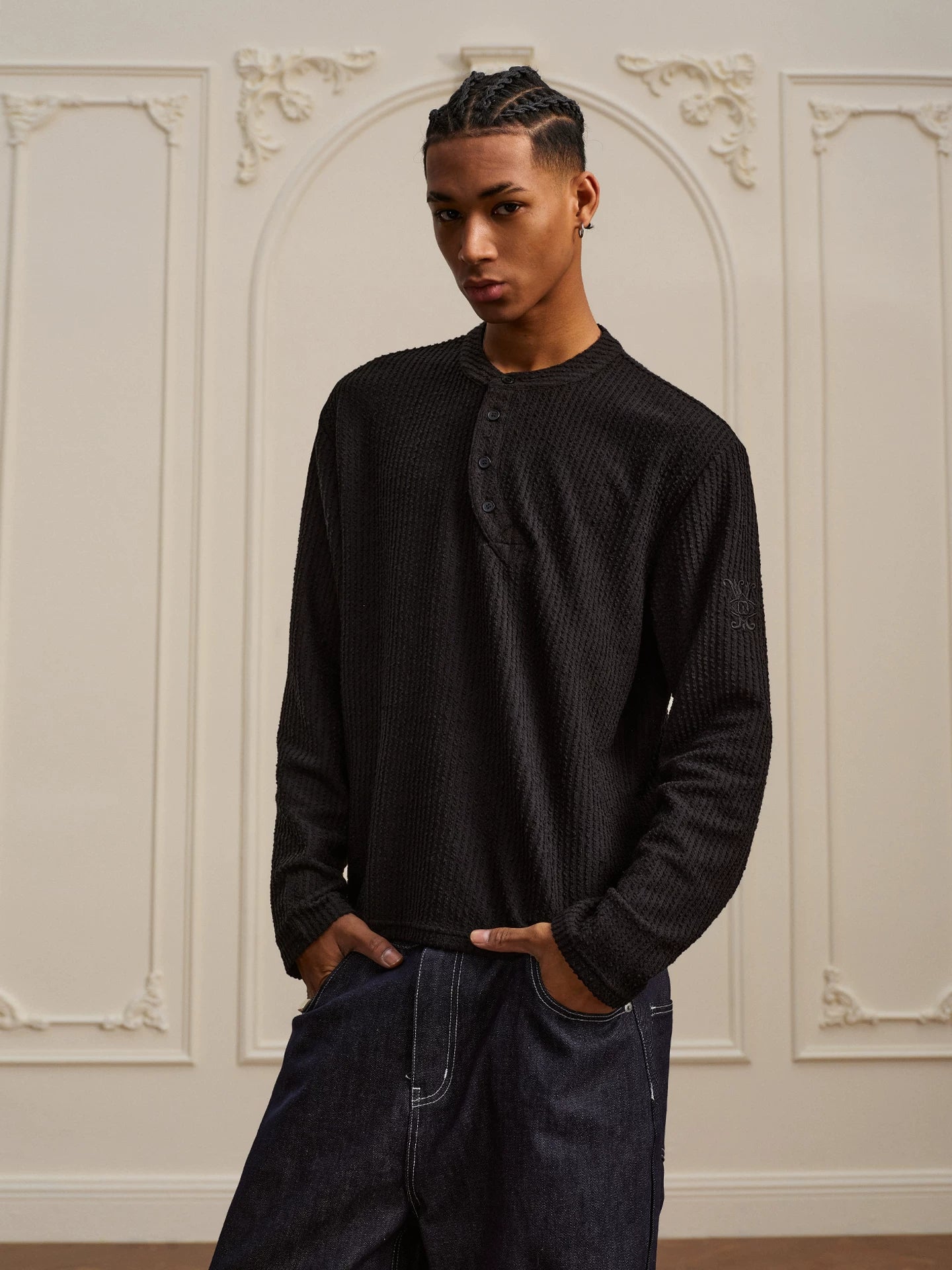 Textured Henley Long Sleeve Knit Shirt