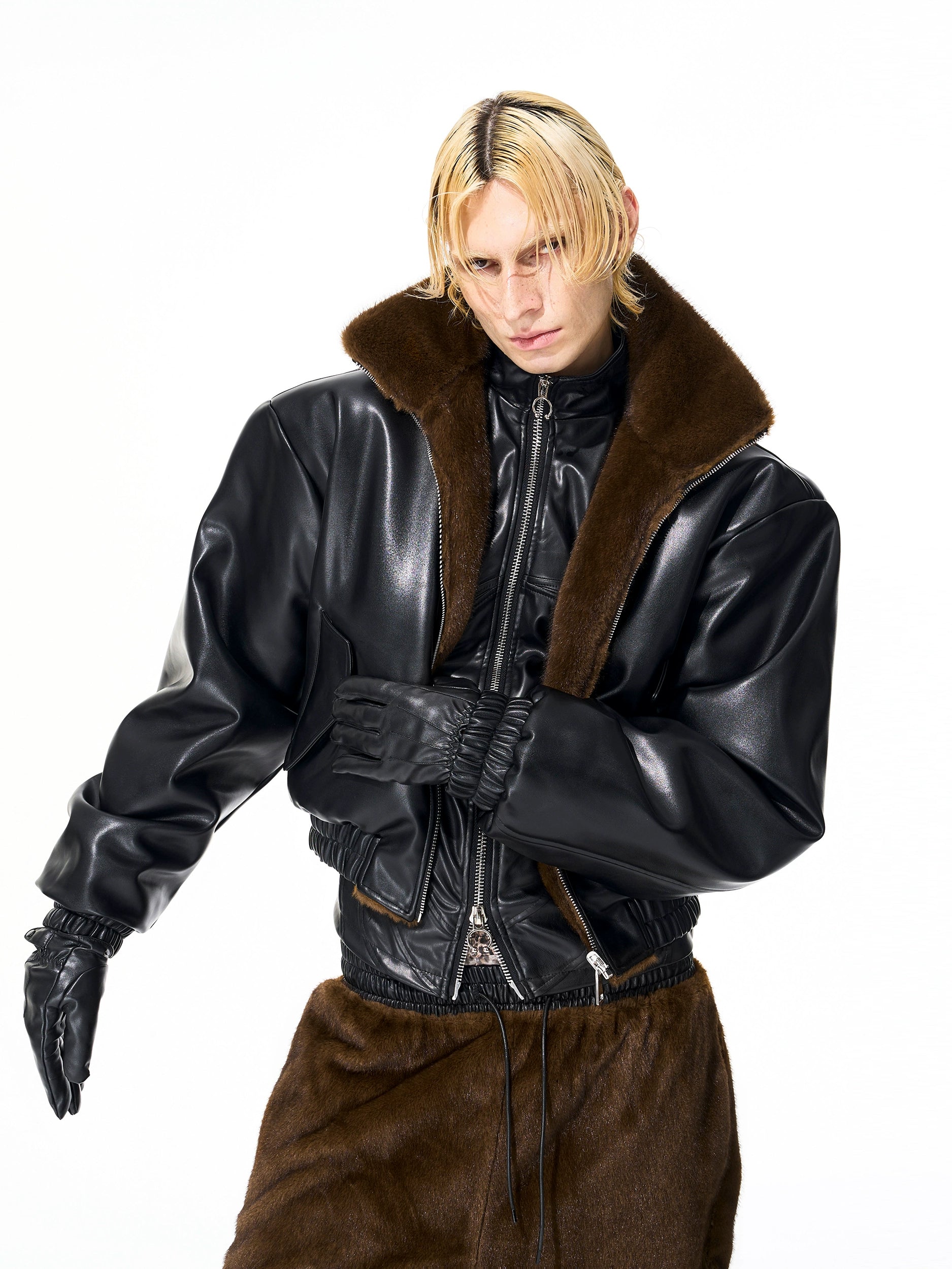 Brown Faux Fur Bomber Jacket and Wide Leg Pants Setup