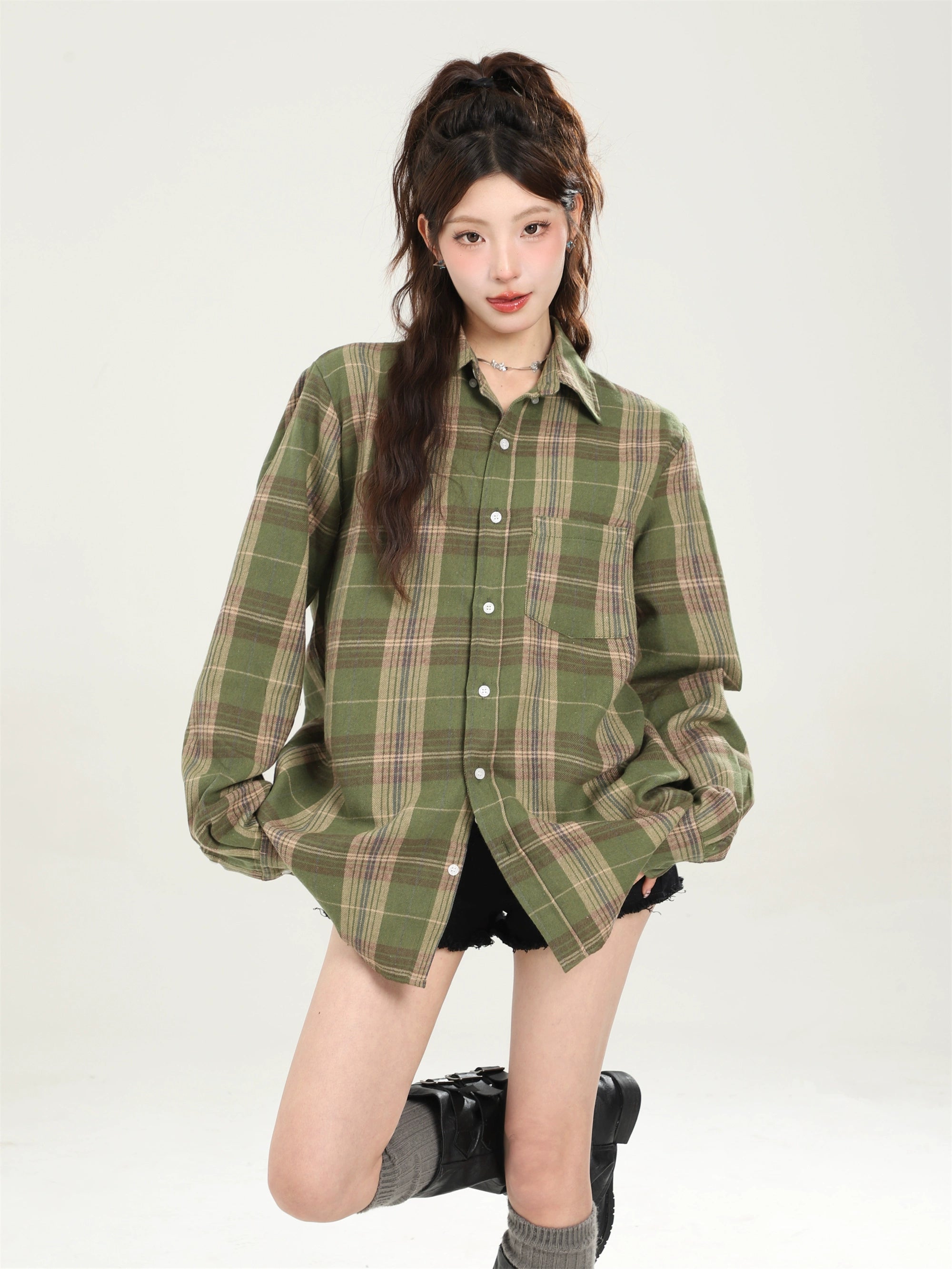 Vintage Loose Blue Plaid Shirt