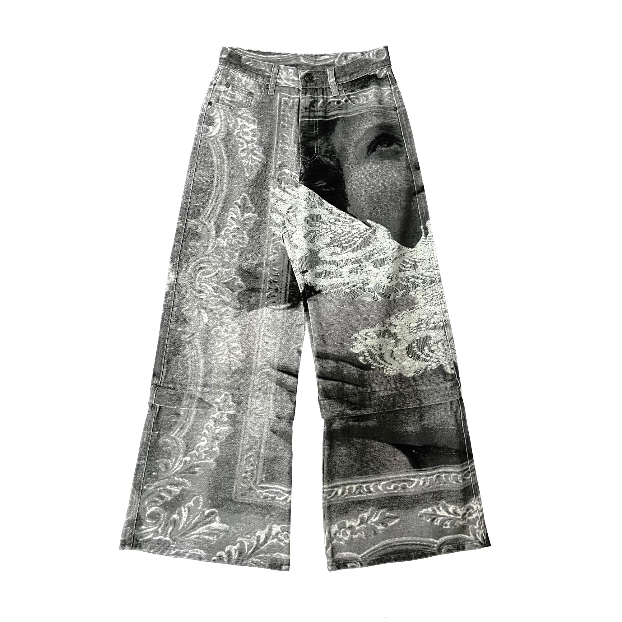 Flying Bird Print Convertible Wide-Leg Jeans