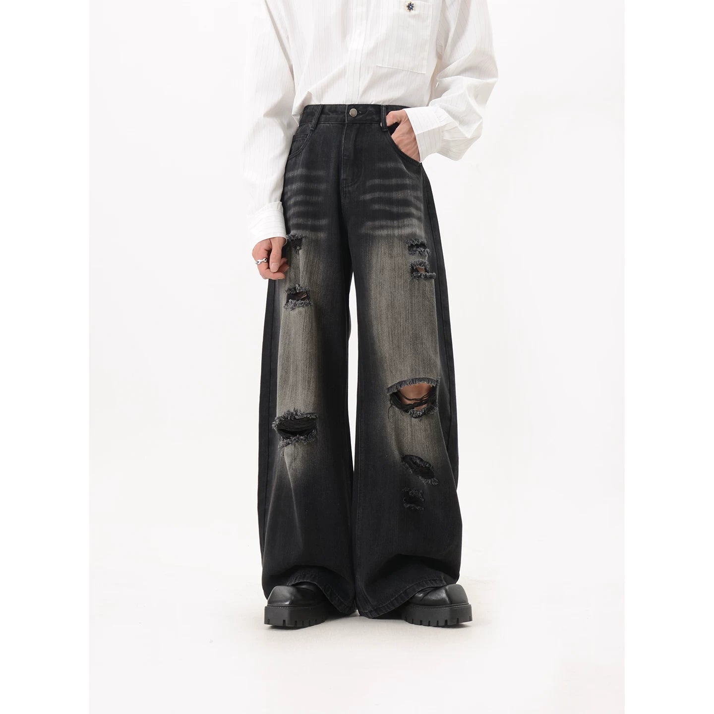 Distressed Washed Heavily Ripped Wide Leg Jeans