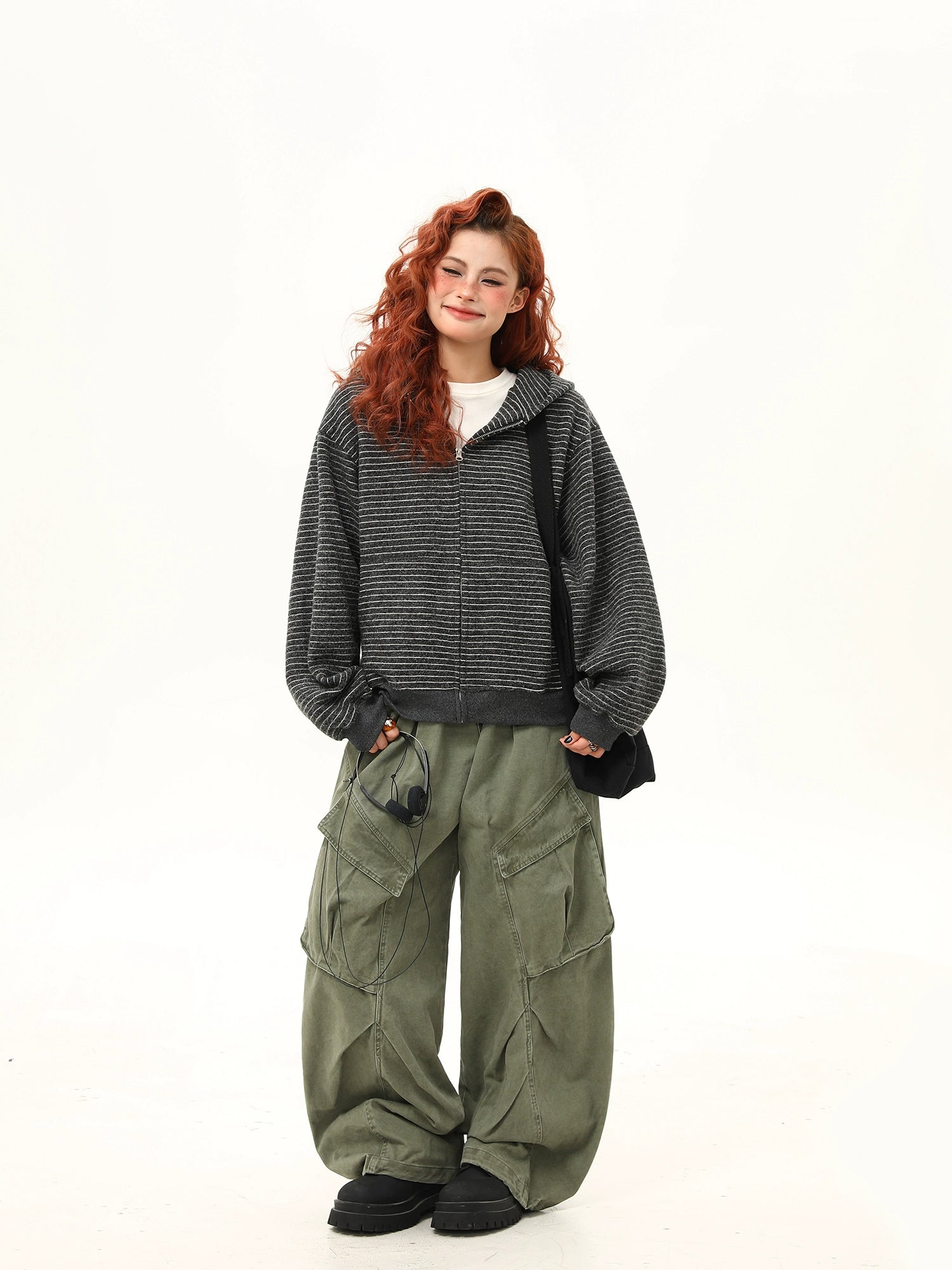 Oversized Striped Fleece Zip-Up Hoodie