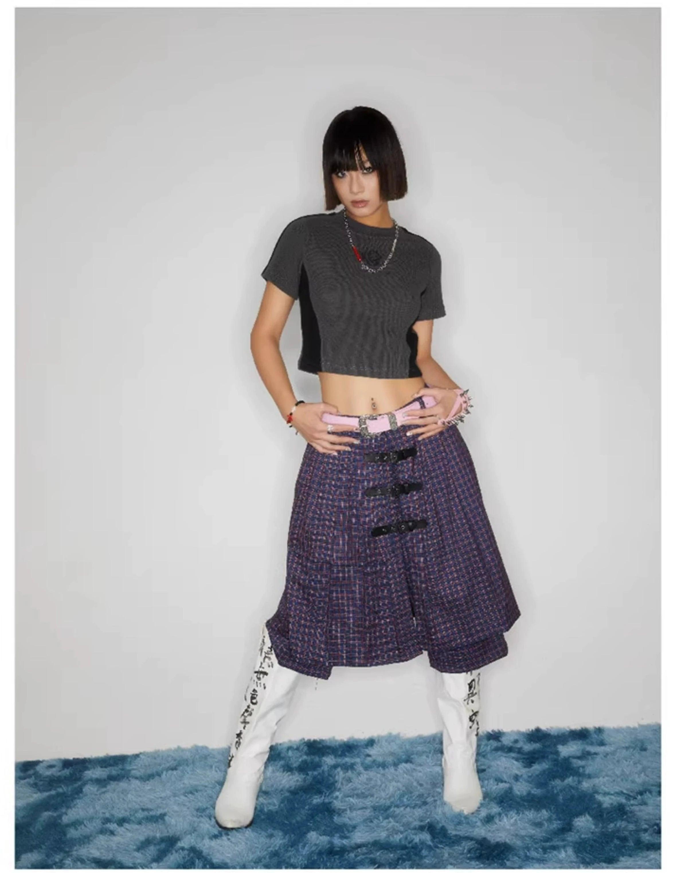 Plaid Buckle-Front Layered Skort - chiclara