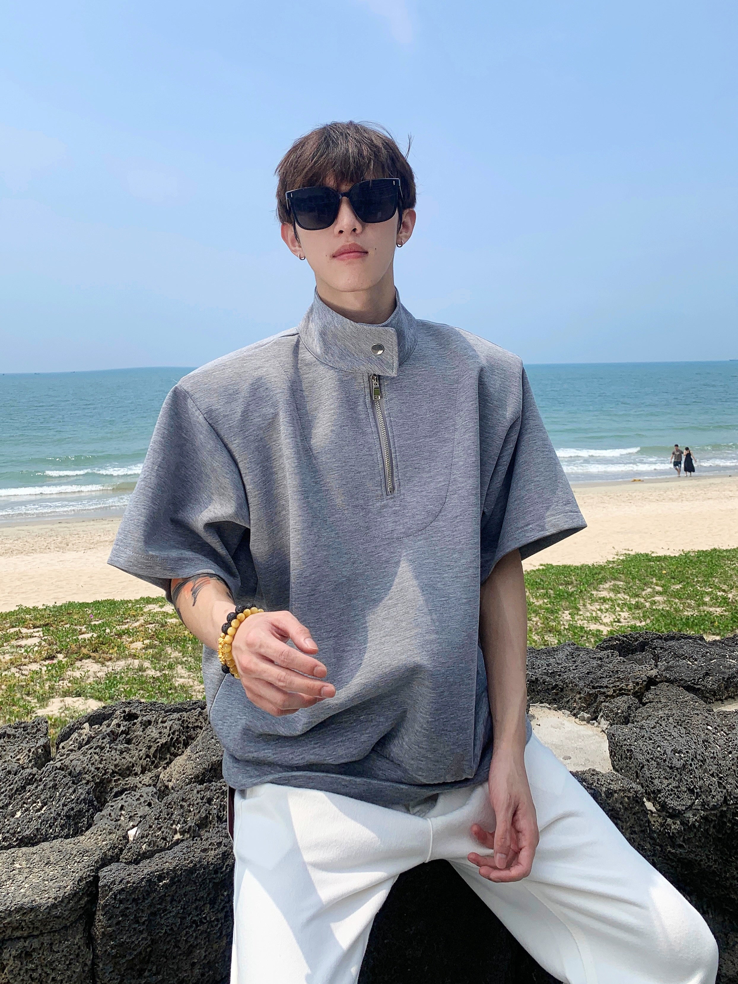 Gray Half-Zip Stand Collar Shirt