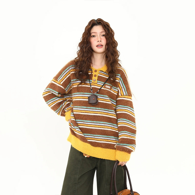 Retro Striped Fuzzy Knit Collared Sweater