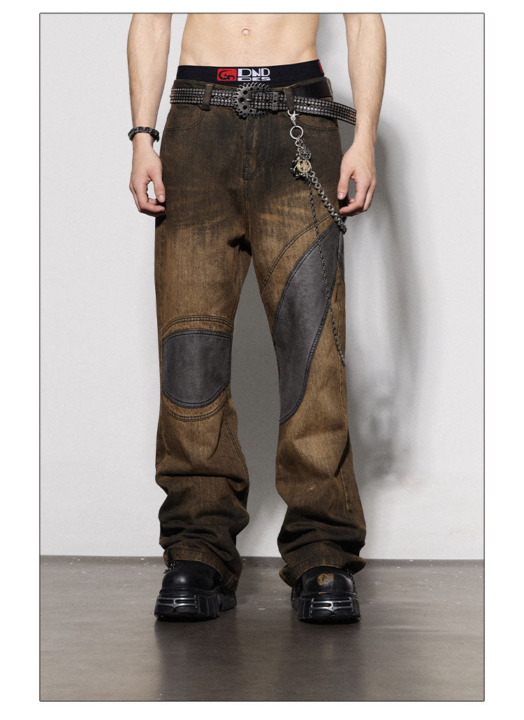 Distressed Brown Leather-Patched Jeans with Studded Belt