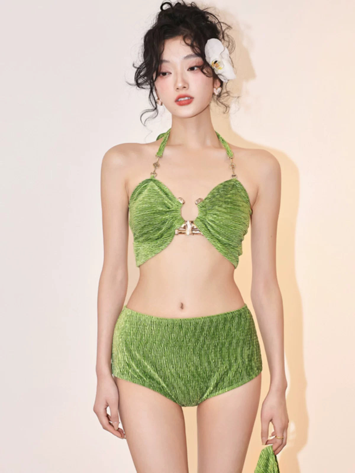 Tropic Gleam Ruched Halter Skirted Bikini Set
