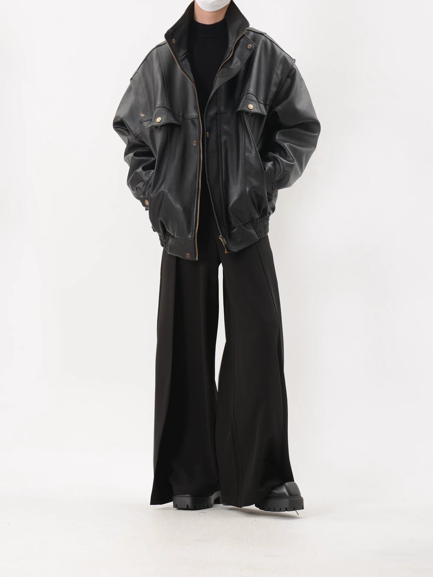 Black Oversized Faux Leather Utility Bomber Jacket