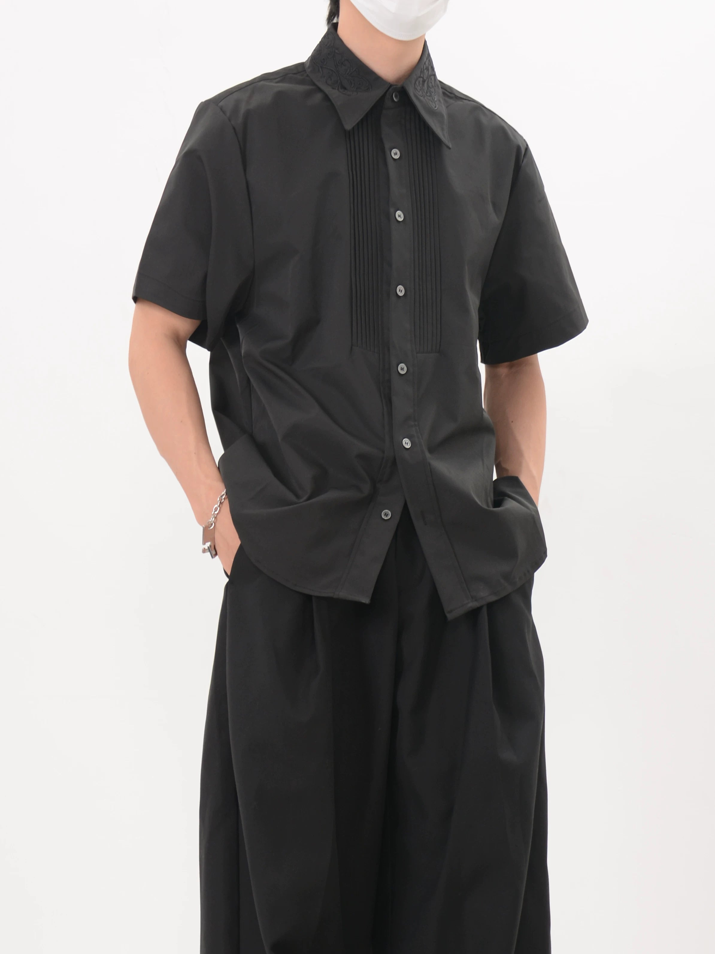 Noir Tux Pleat Embroidered Shirt