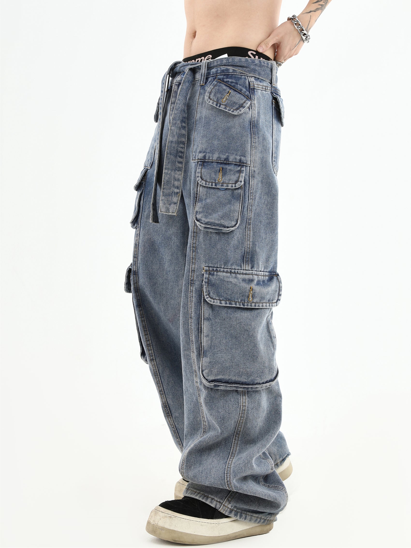 Vintage Wash Multi-Pocket Denim Jeans - chiclara