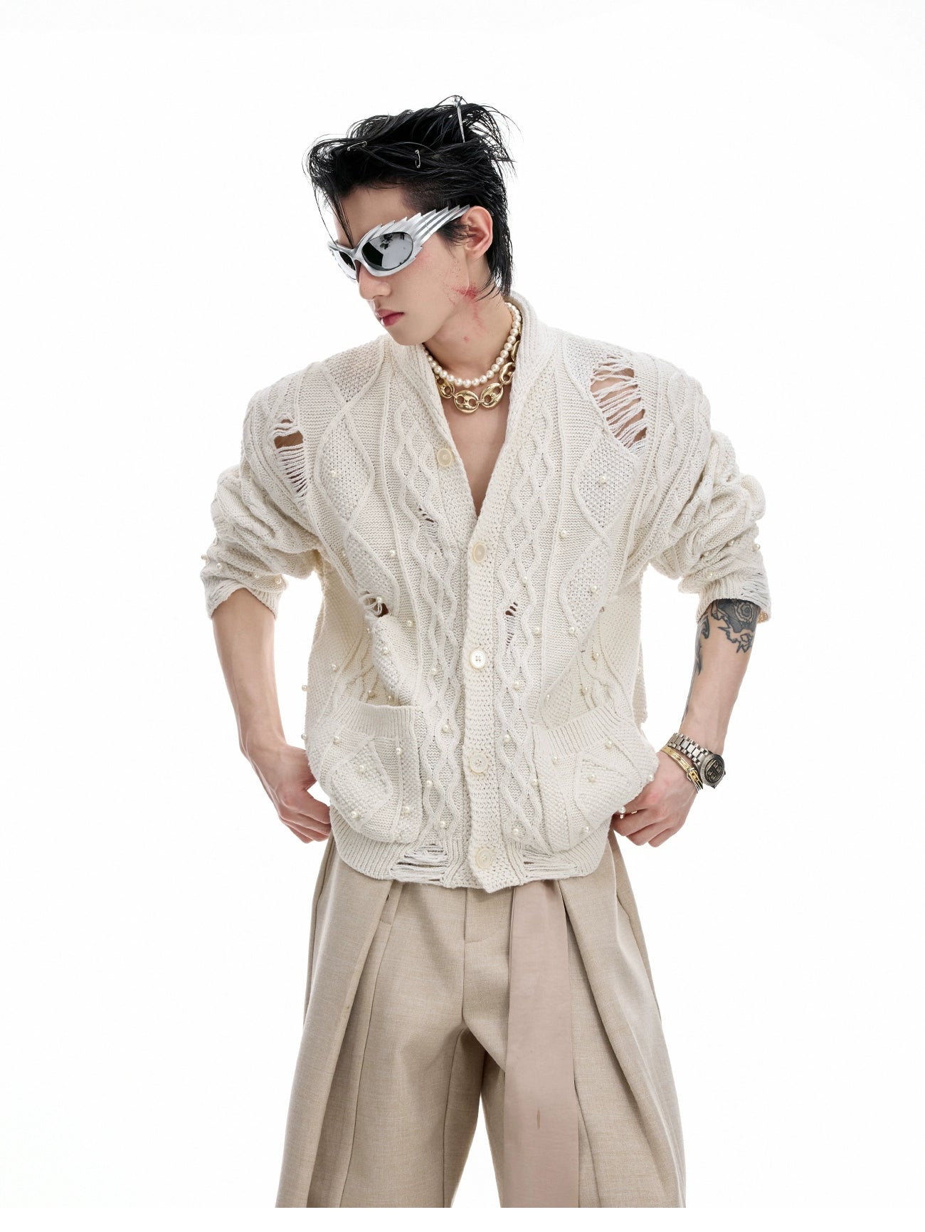 Distressed Pearl Embellished Knit Cardigan