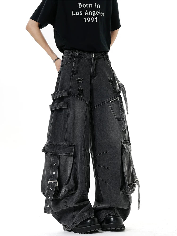 Harness-Ruined Cargo Denim Pants