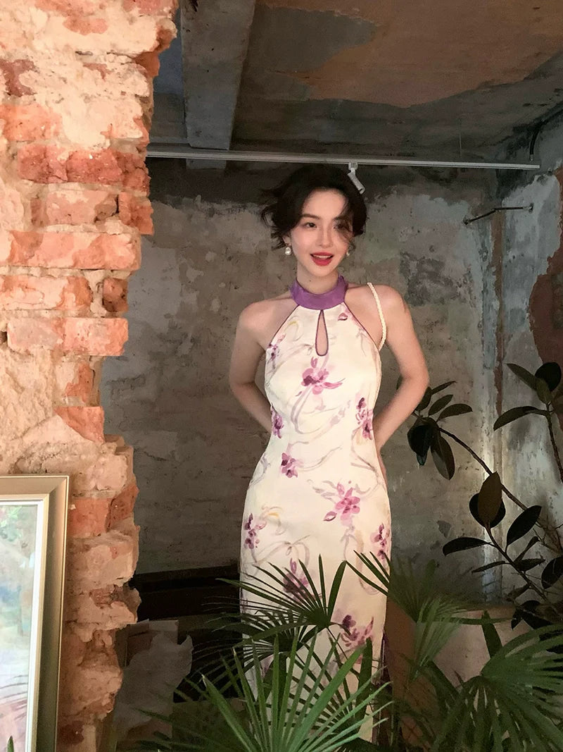 Floral Halter Neck Cheongsam Dress