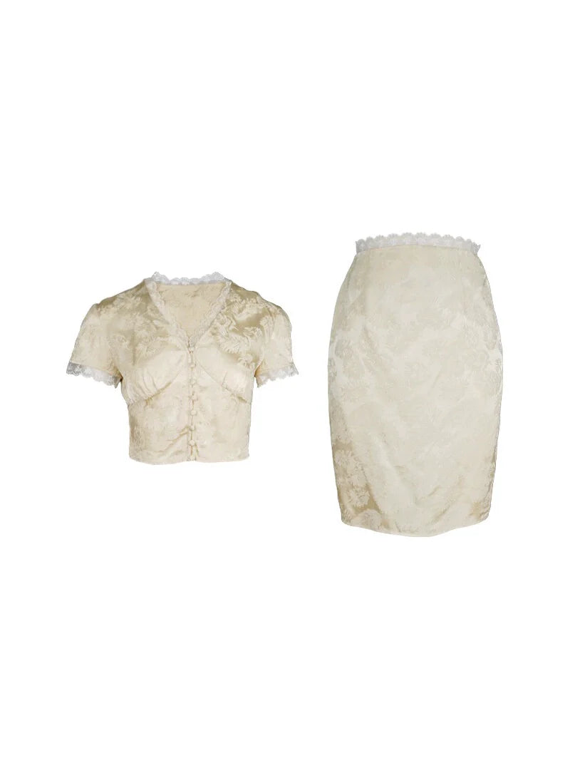French Vintage Lace Trim Blouse and Midi Skirt Setup