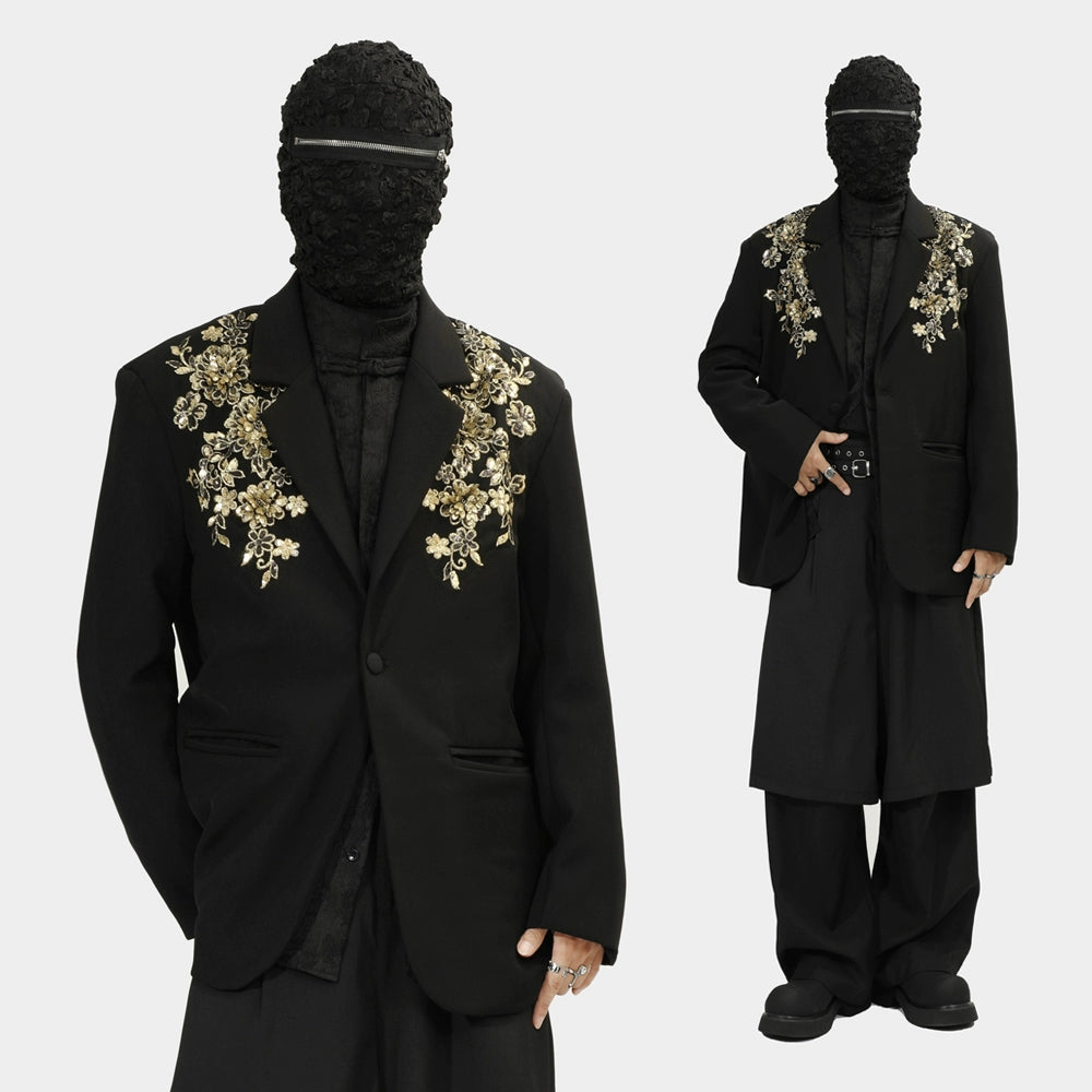 Black Blazer with Gold Floral Embroidery on Lapels