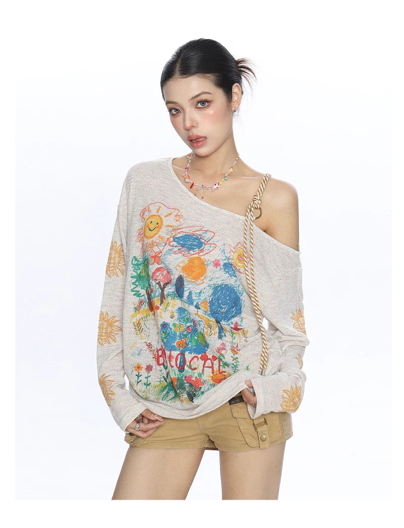 Sunlit Sketch Off-Shoulder Graphic Knit Top