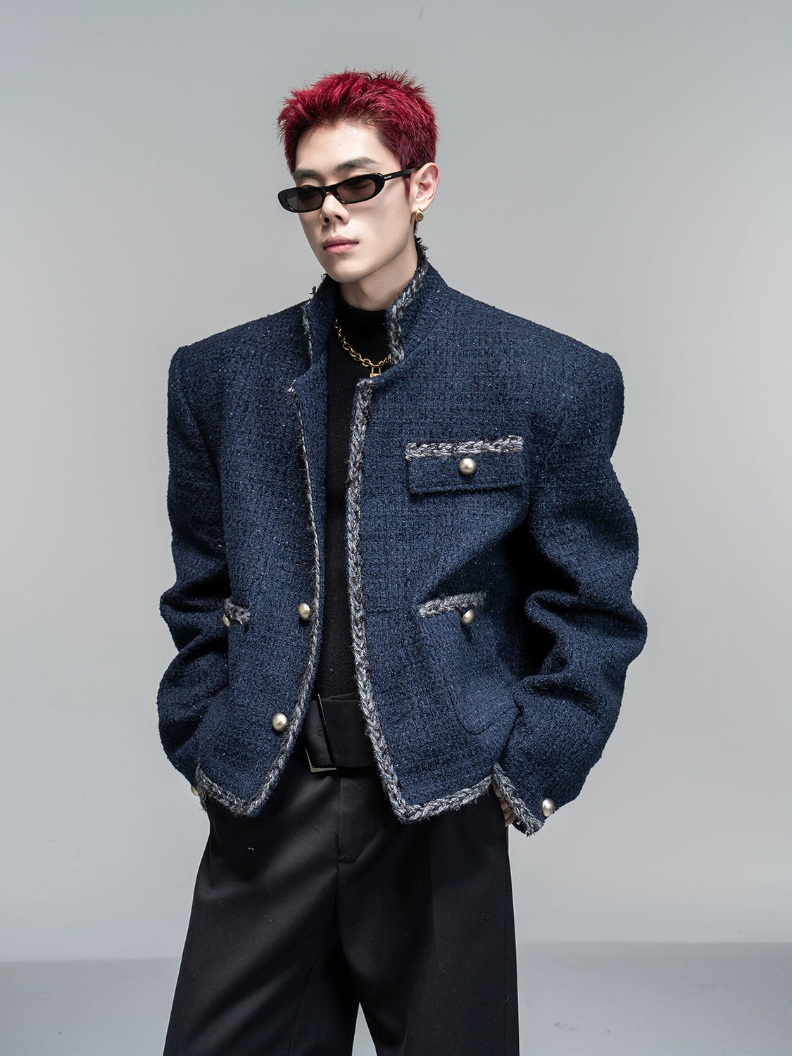 Navy Blue Tweed Cropped Jacket with Frayed Trim