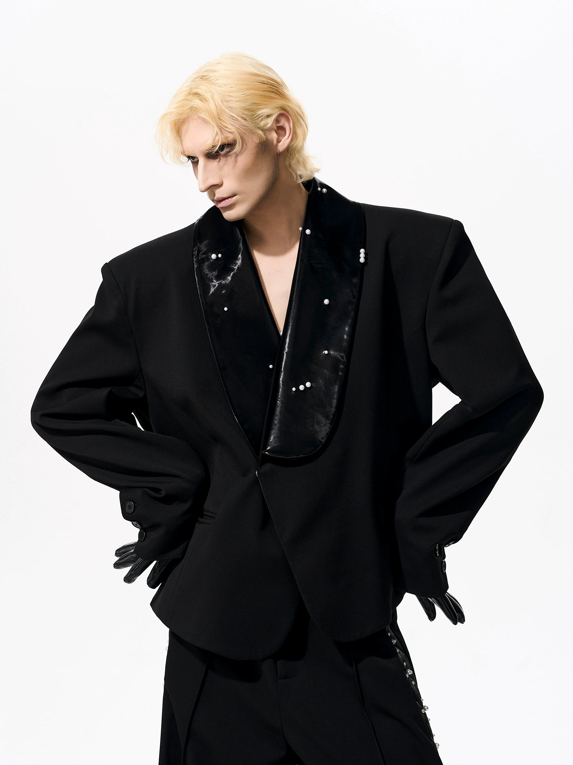 Pearl Studded Vinyl Lapel Blazer and Pants Setup