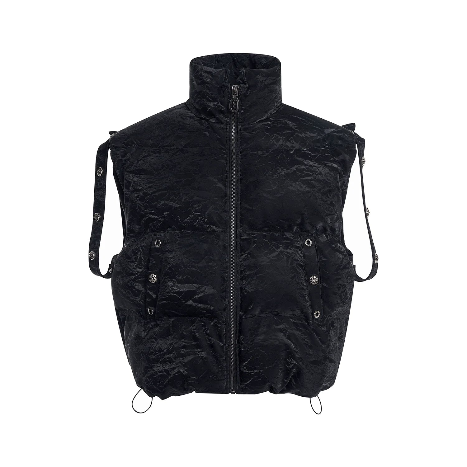 Textured Black Puffer Vest with Hardware Details and Grommet Straps