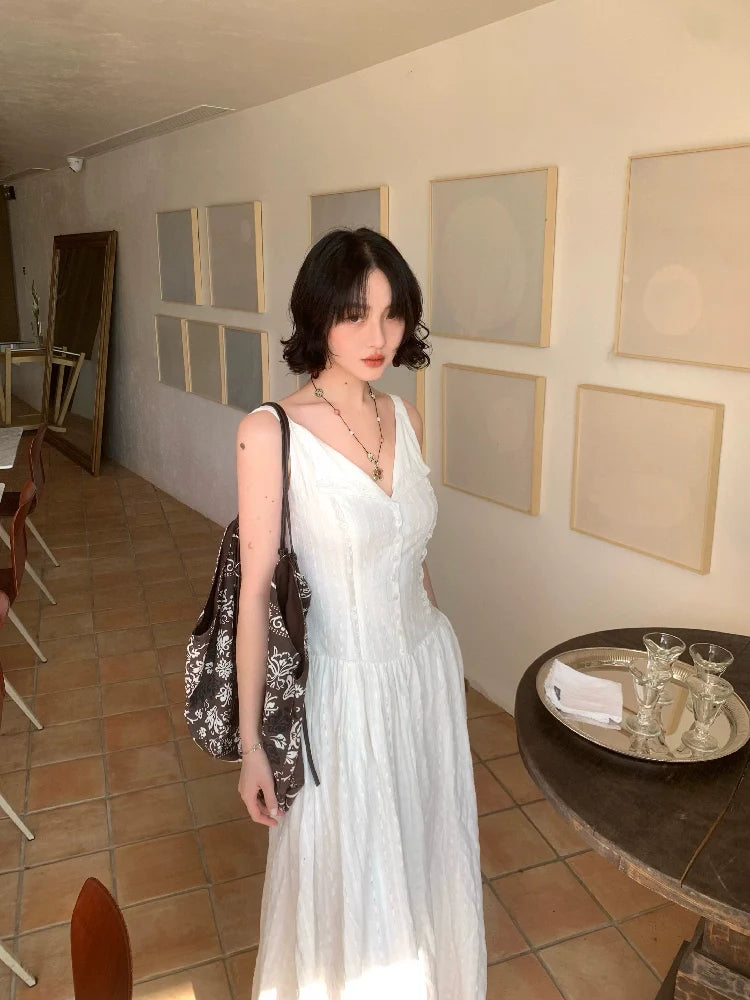 White Vintage V-Neck Maxi Dress