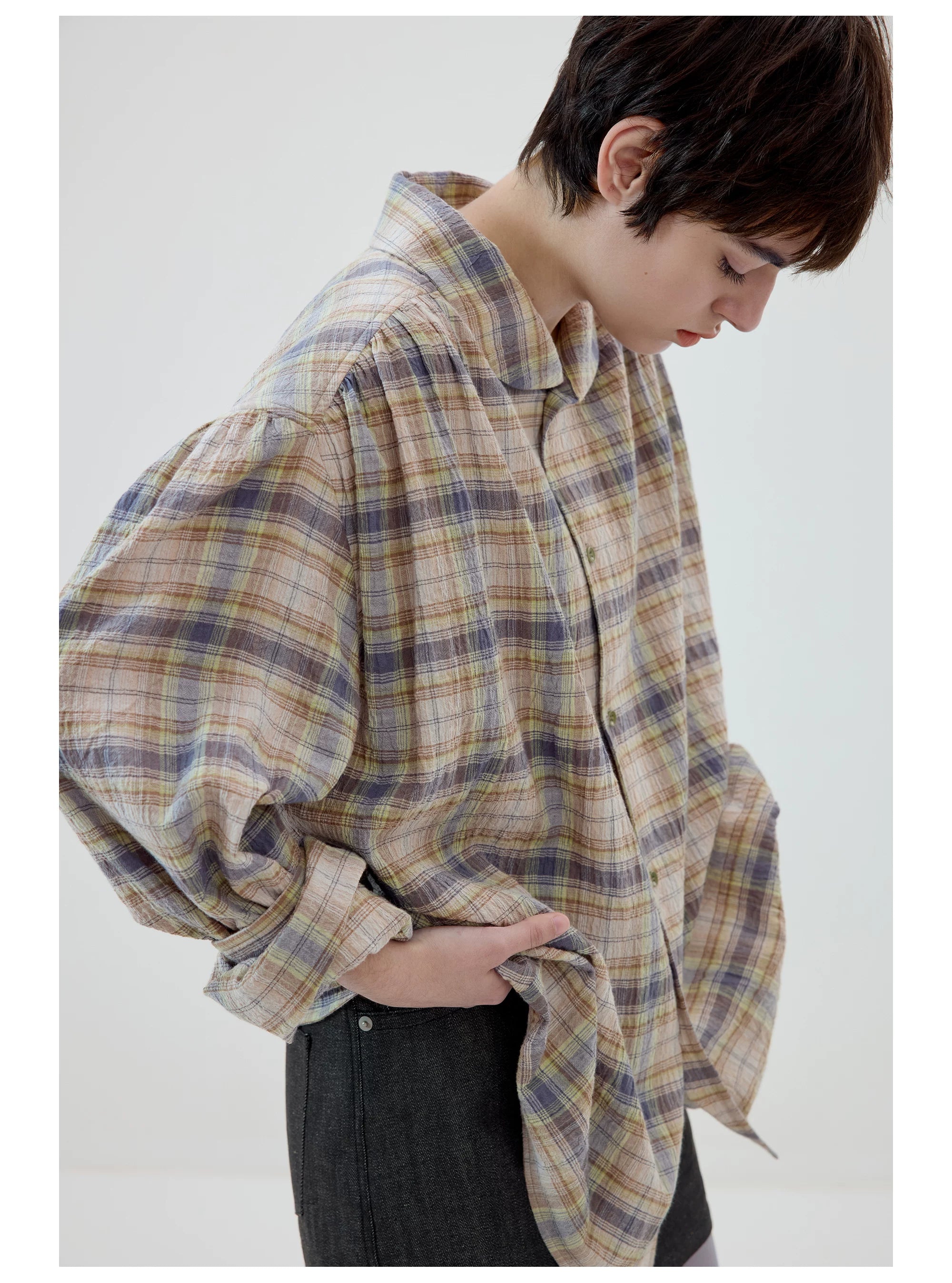 Oversized Pastel Plaid Button-Up Shirt
