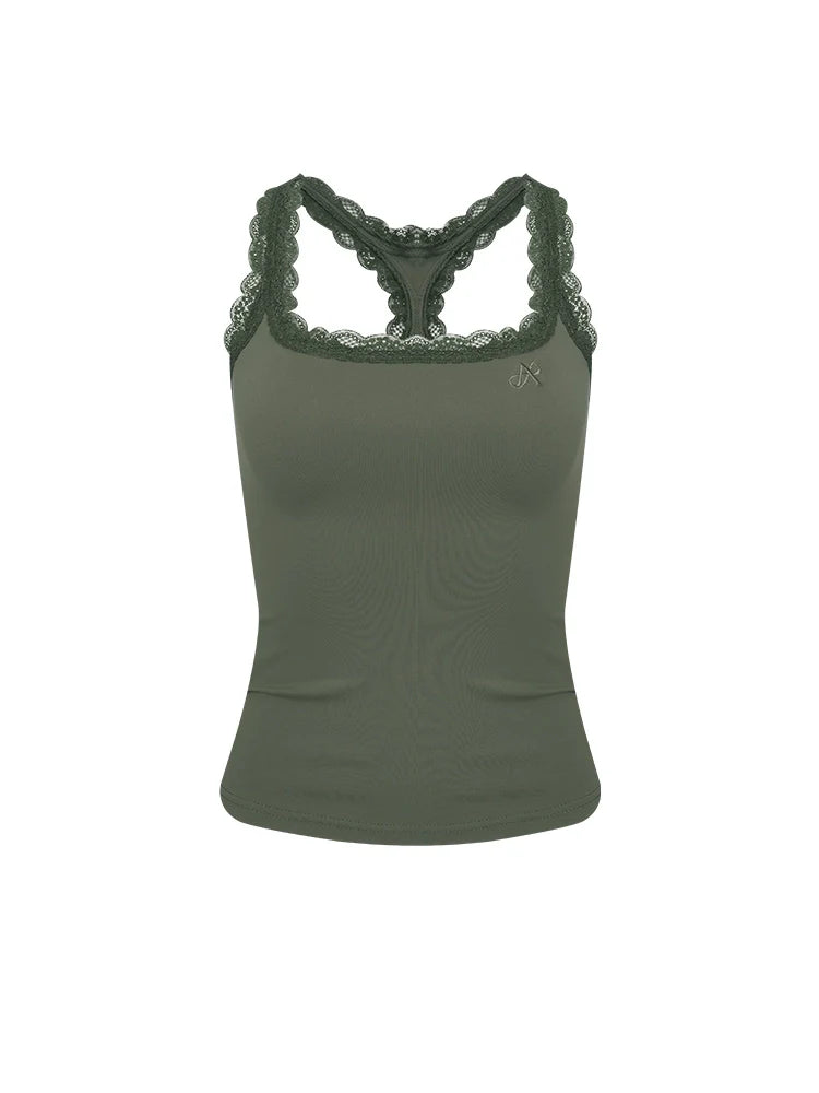 Olive And Coffee Color Lace-Trim Tank Top