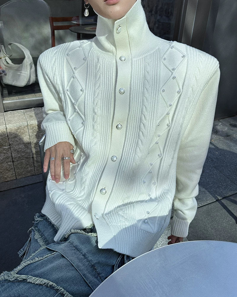 Lattice Snap-Spire Turtleneck Cardigan