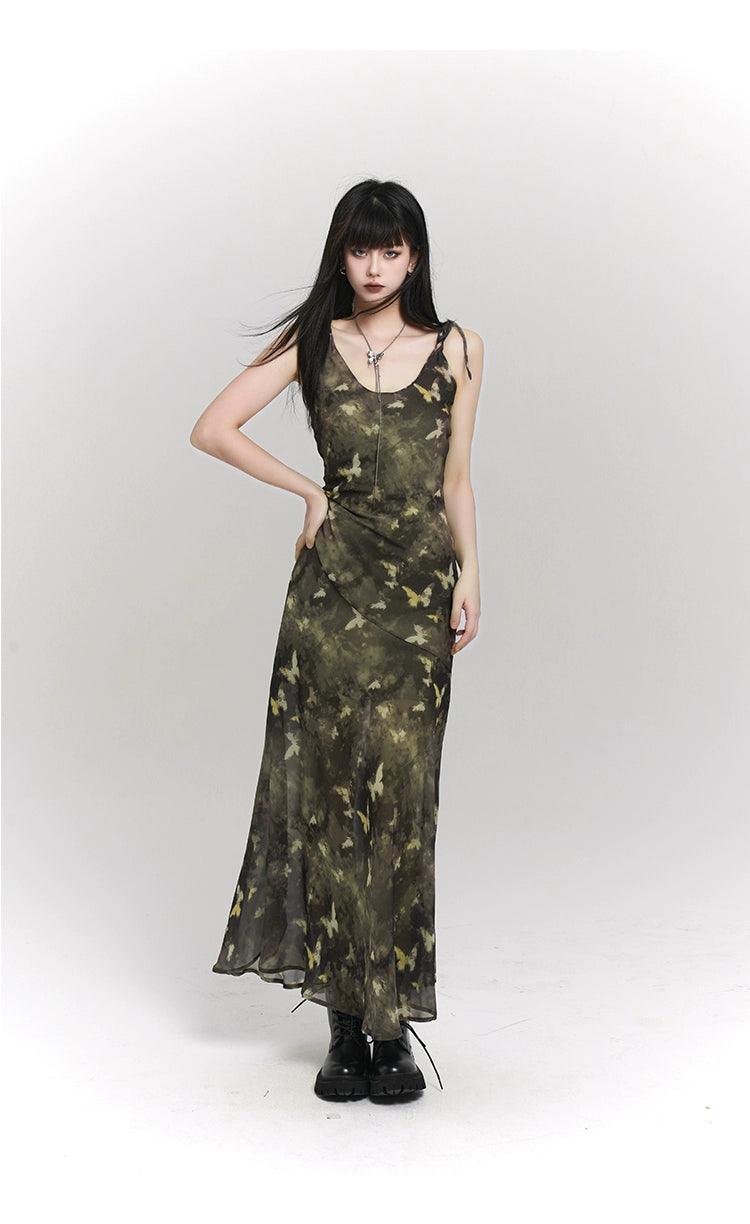 Ladyghost Woodland Whisper Maxi Dress - Women'S Camo-Inspired Butterfly Print Slip Dress