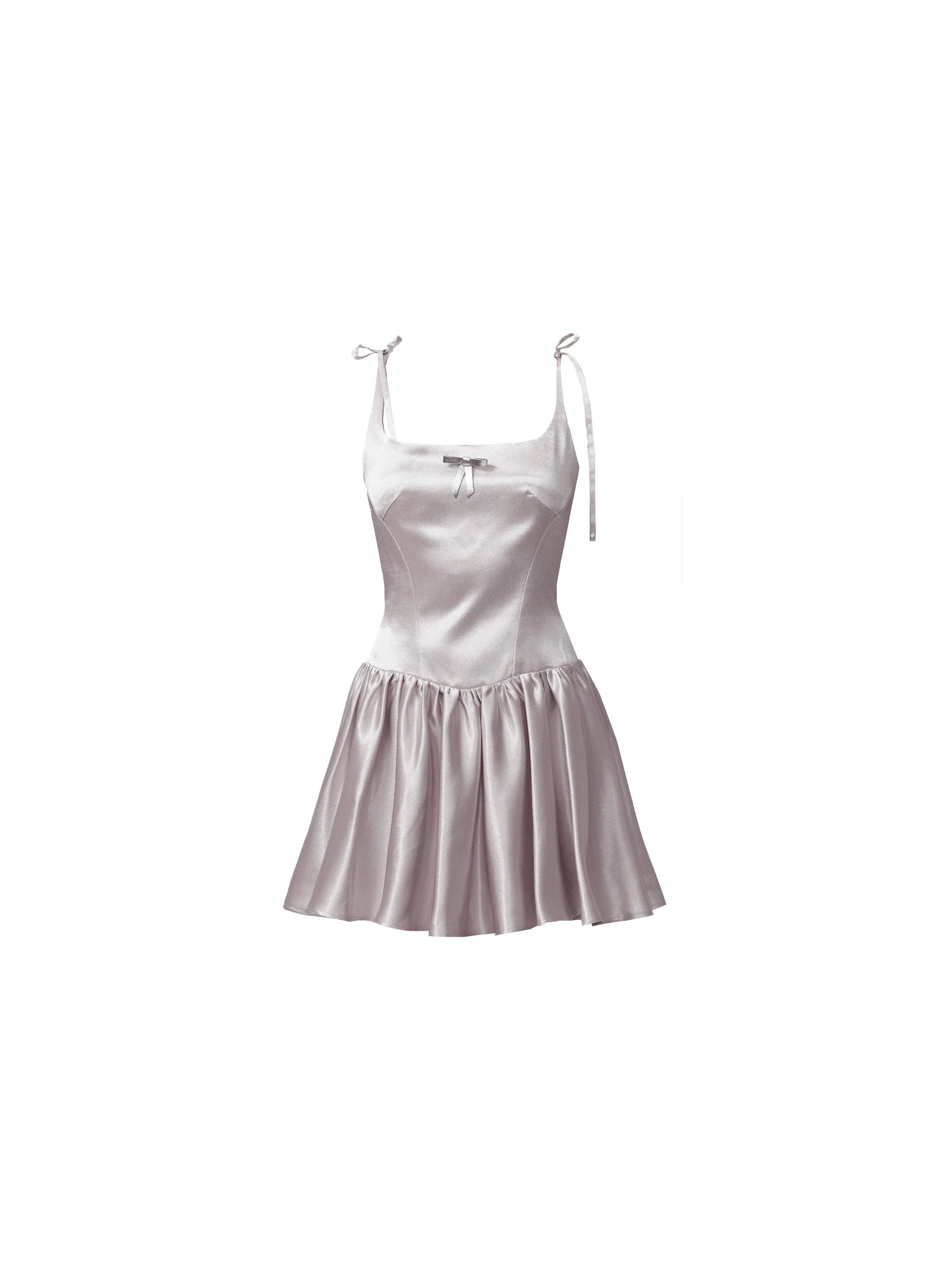 Silvery Gray Satin Mini Dress with Tie Straps