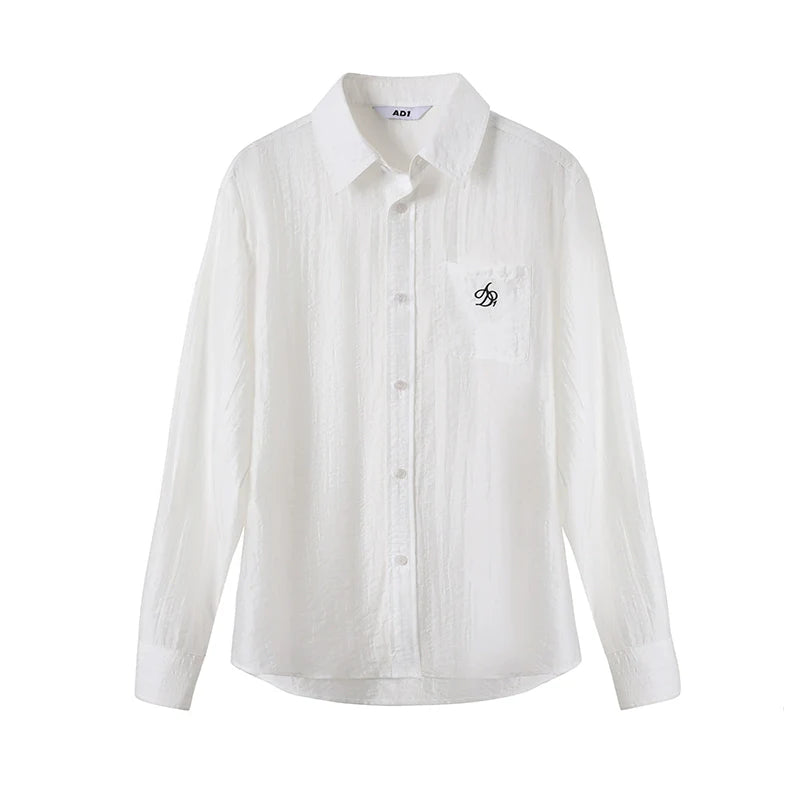 Classic White Long Sleeve Button-Down Shirt: Crisp Cotton Collared Blouse with Embroidered Logo