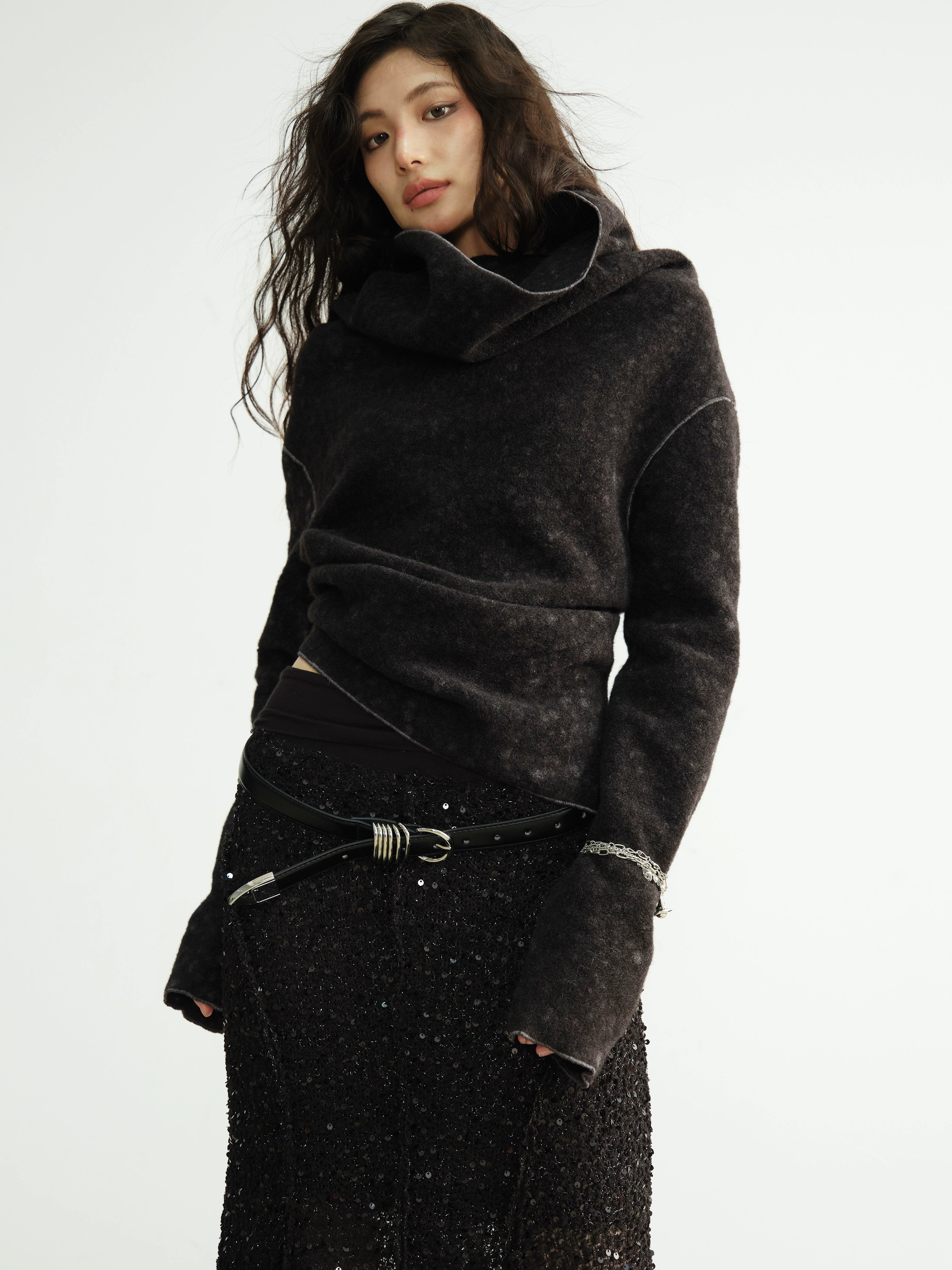 Drape Cowl-Neck Textured Knit Cardigan