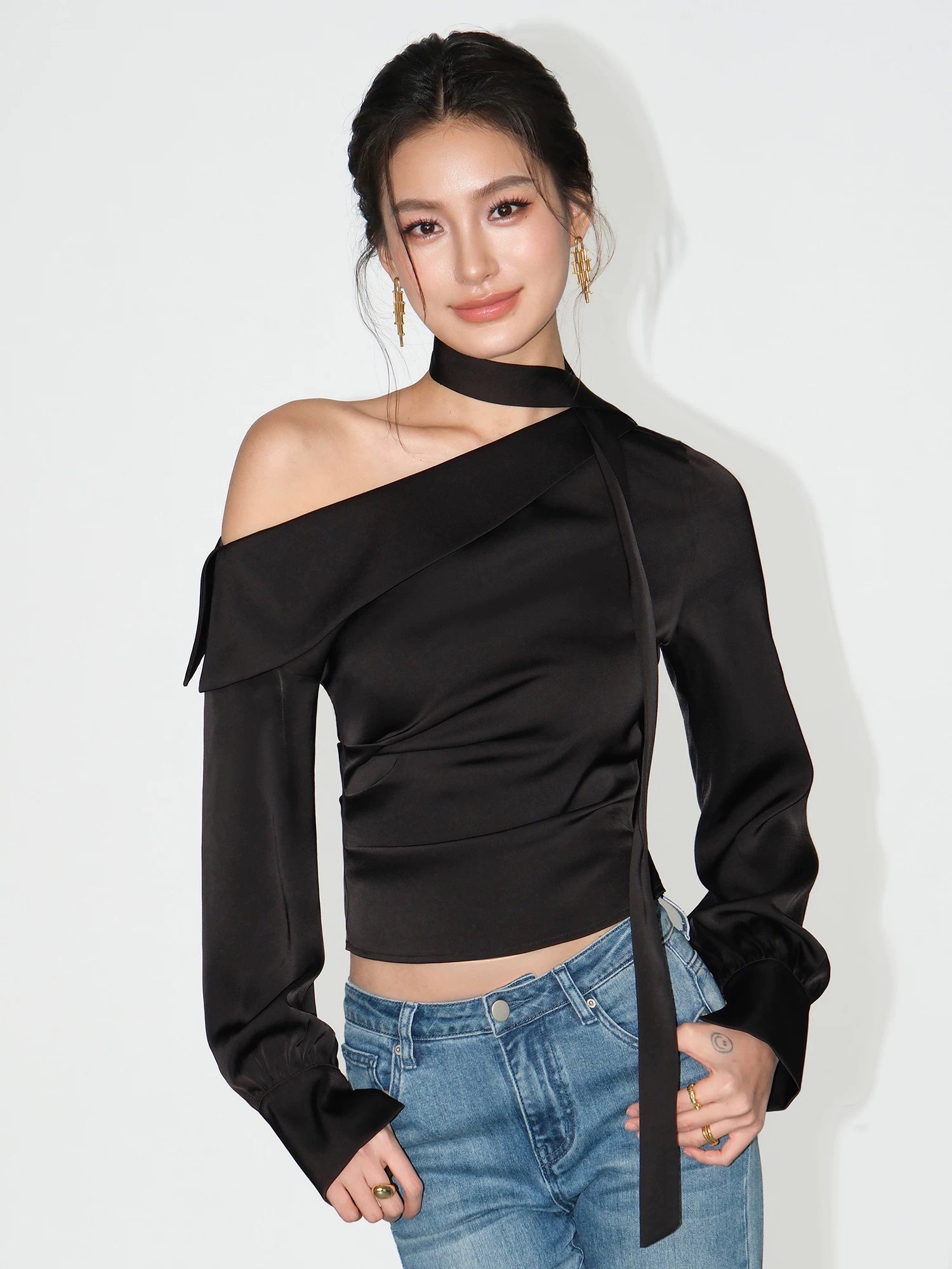 Asymmetric Choker Satin Ruched Blouse