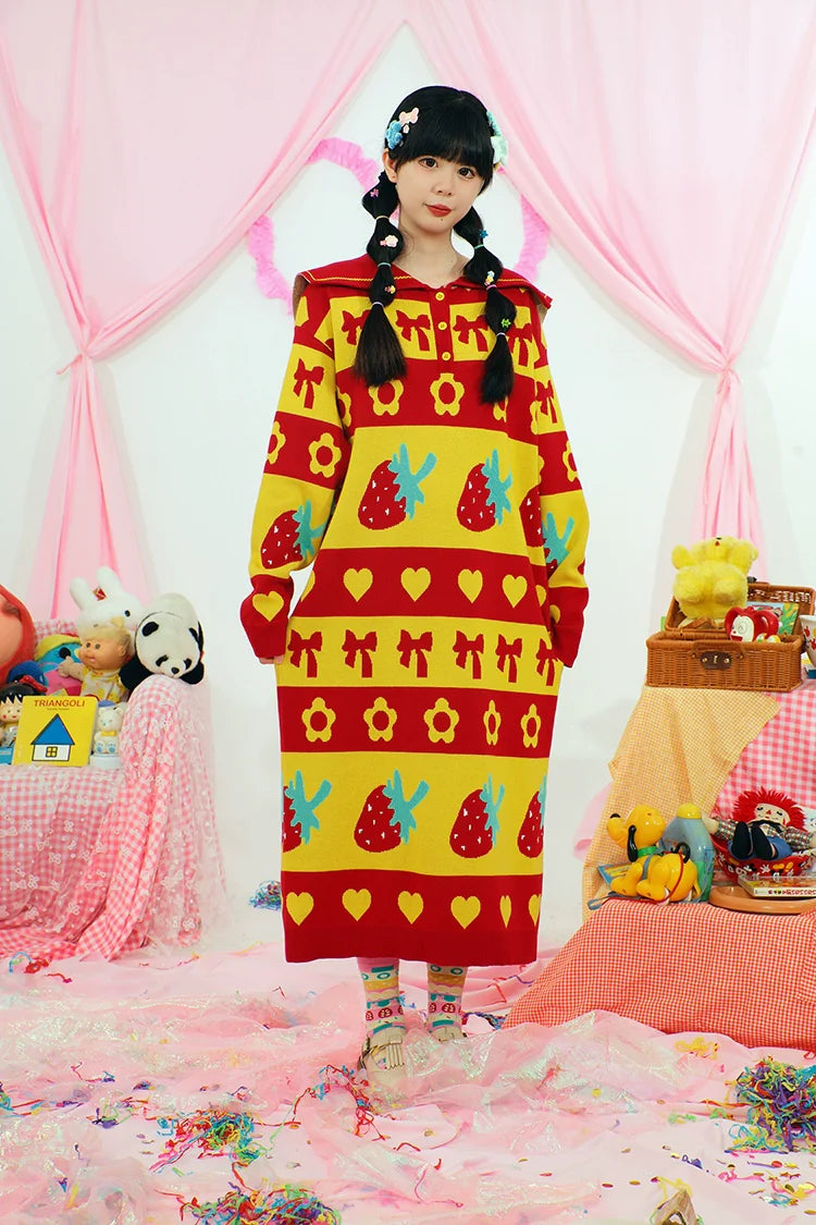 Strawberry Pattern Hooded Knit Sweater Dress