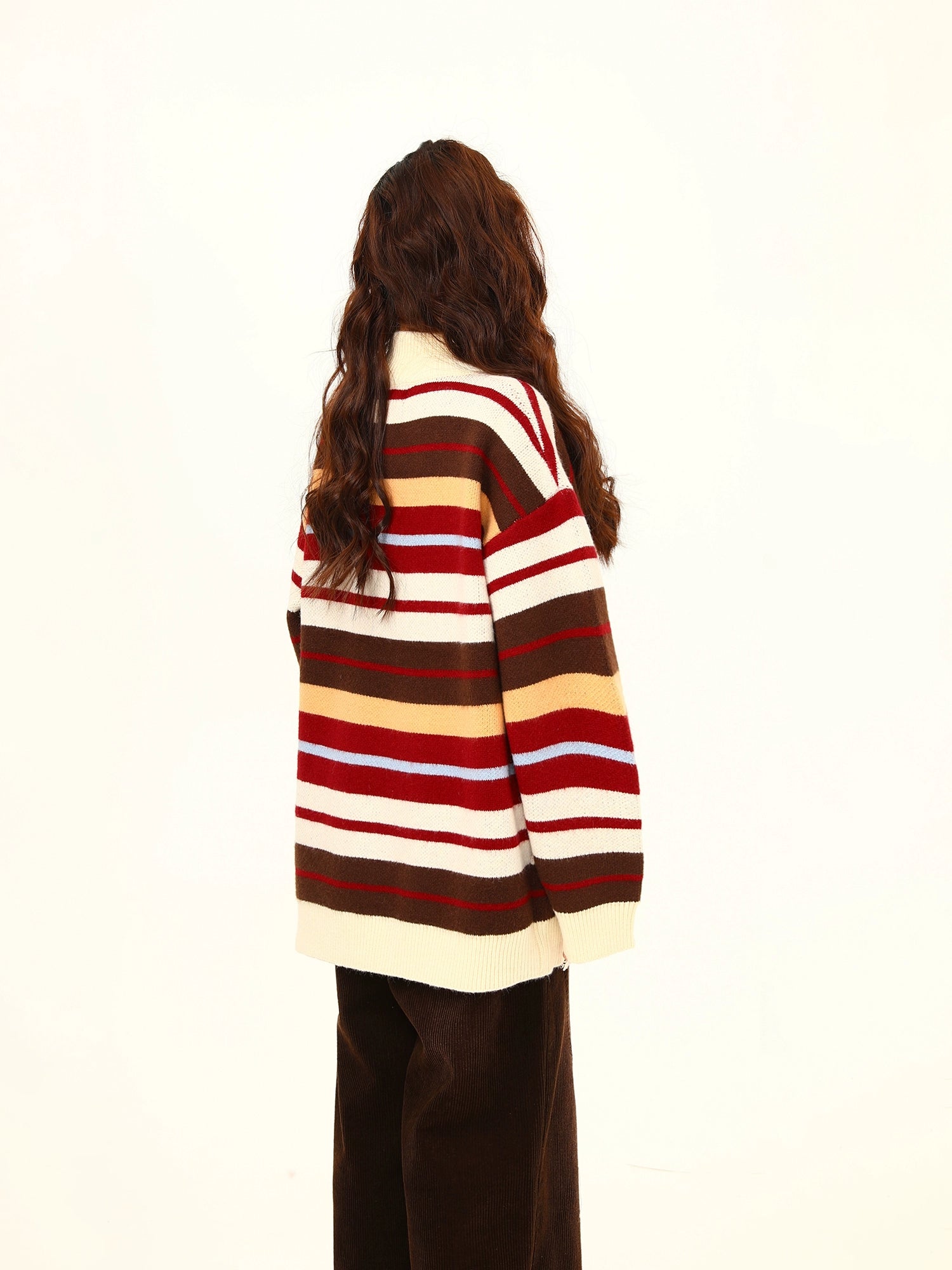 Striped Oversized Knit Zip-Up Sweater