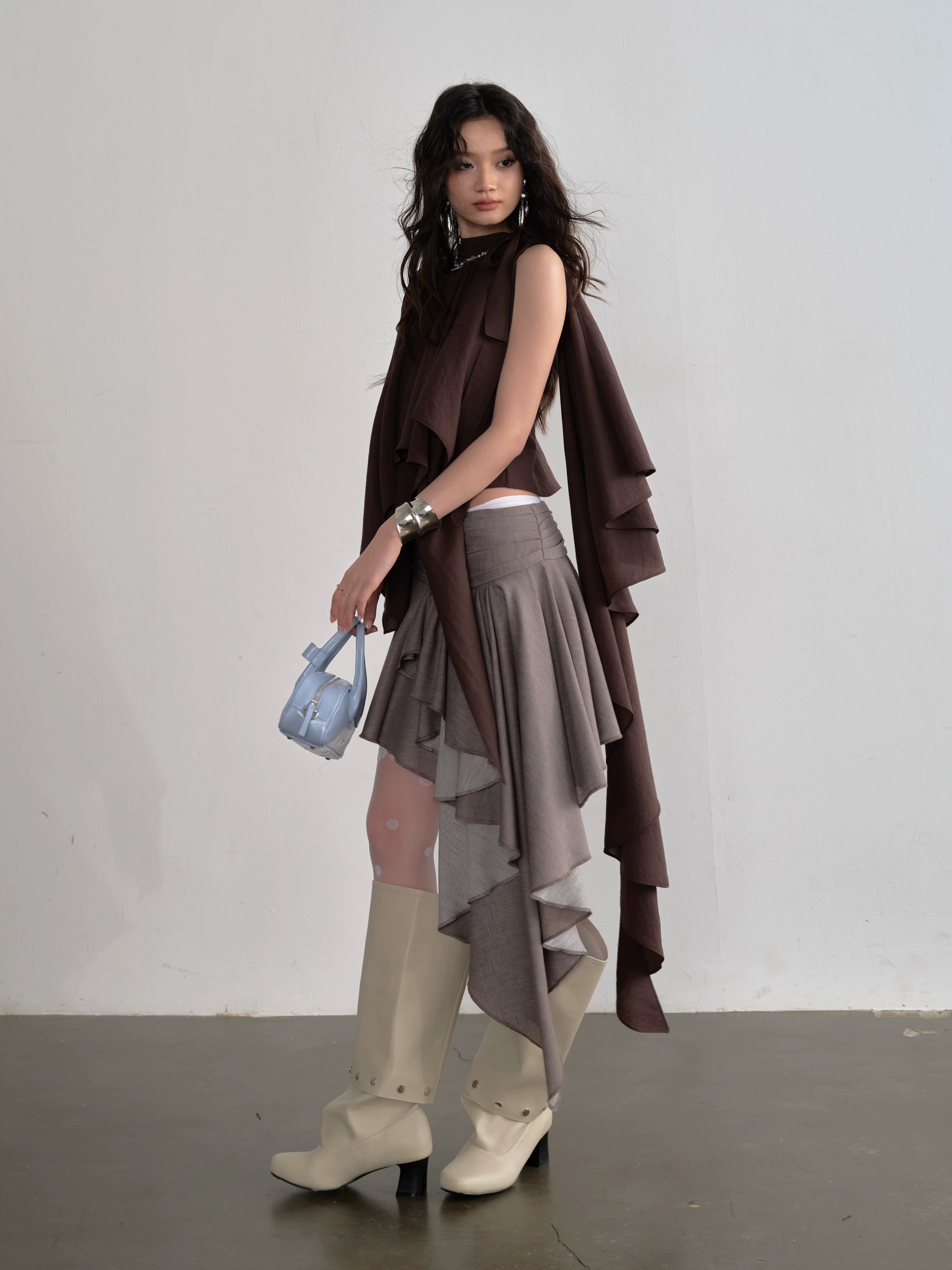 Mocha Cascade Ruffle Halter Top