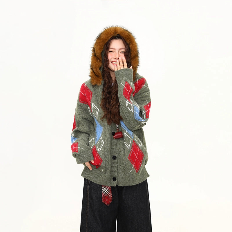 Frosty Argyle Faux-Fur Hood Cardigan