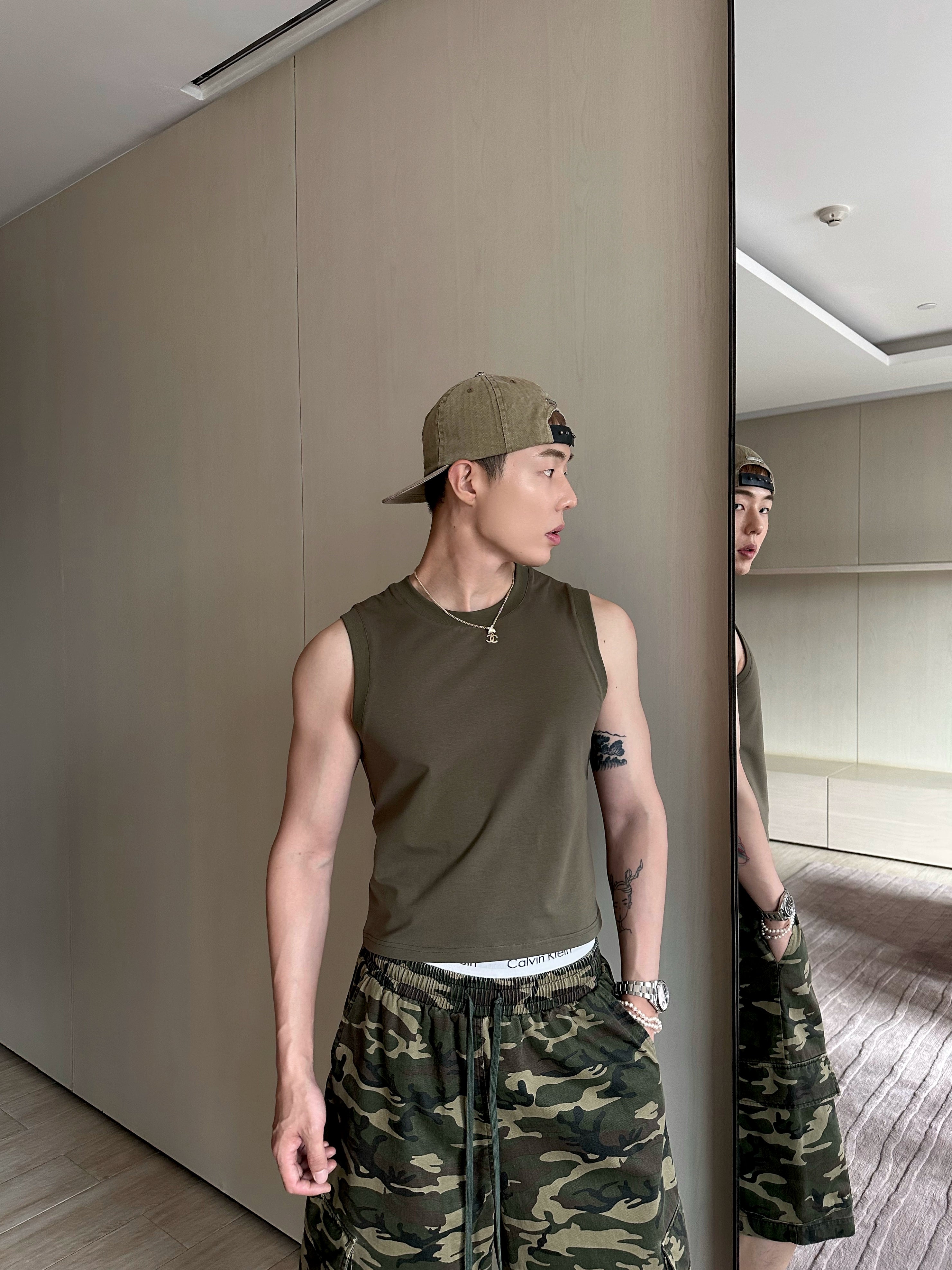 Olive Basic Cotton Crew Neck Tee