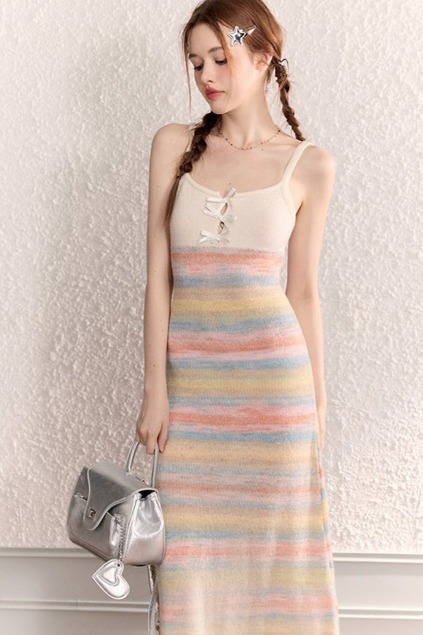 Rainbow Knit Slip Cardigan Long Dress - chiclara