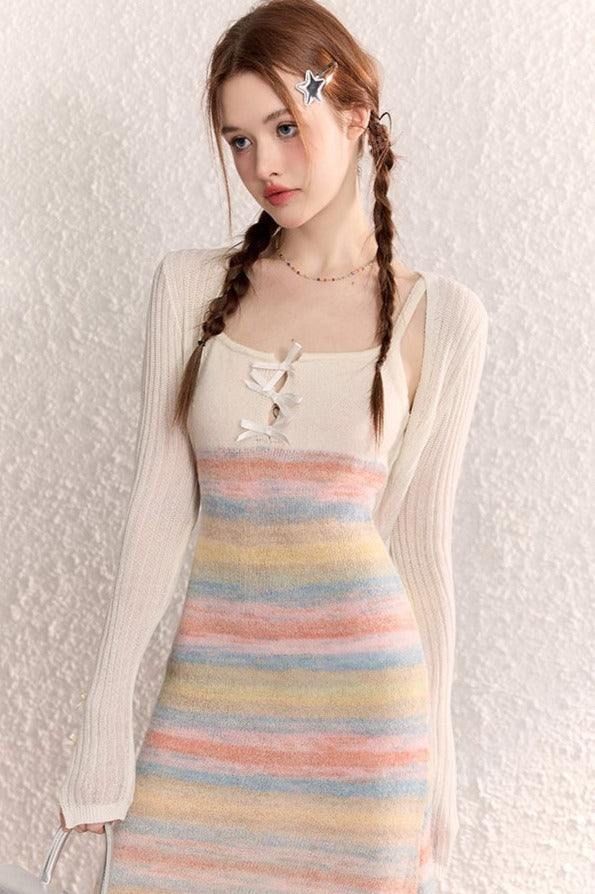 Rainbow Knit Slip Cardigan Long Dress - chiclara