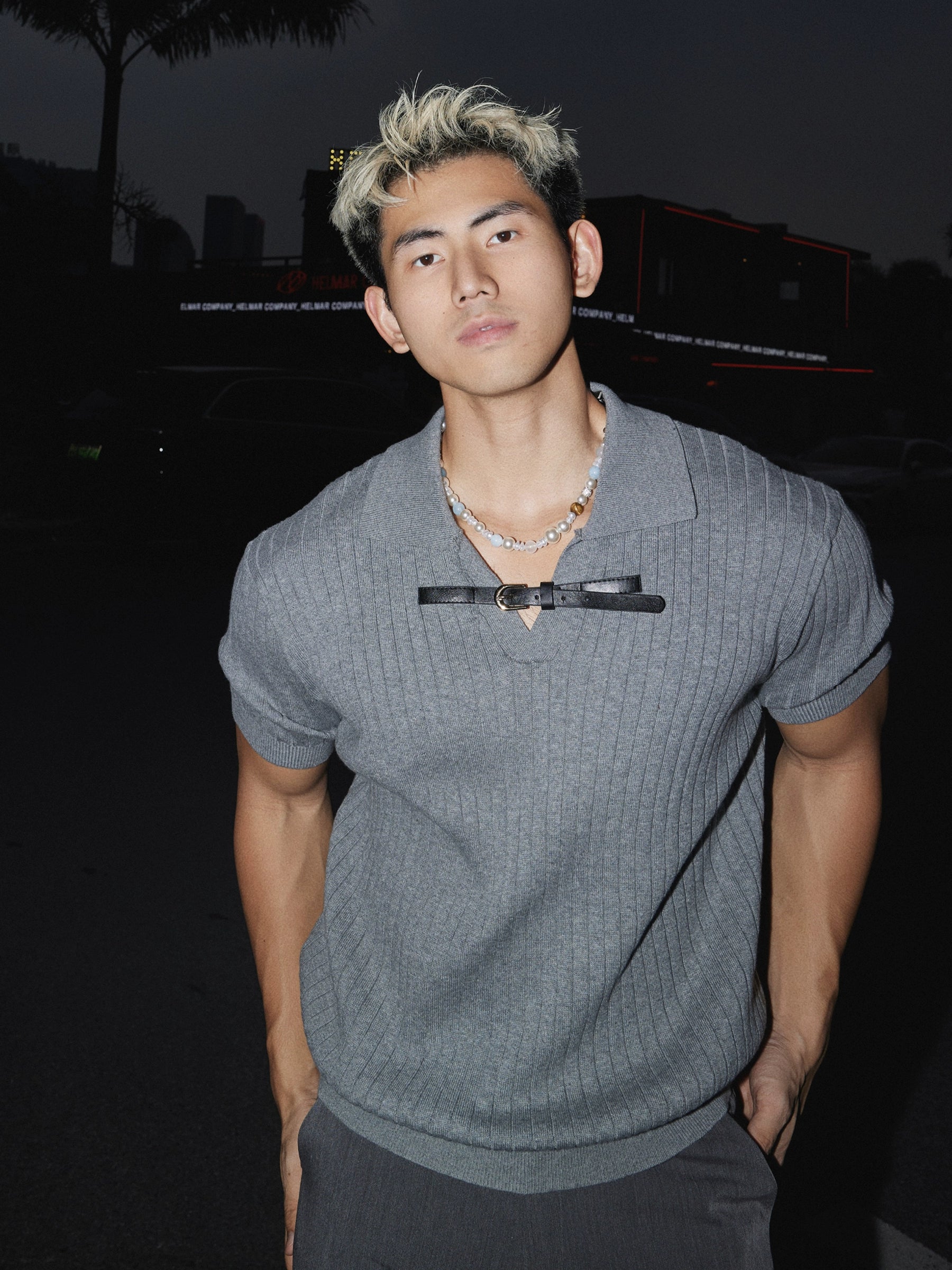 Ribbed Knit Short Sleeve Polo with Front Tie Detail