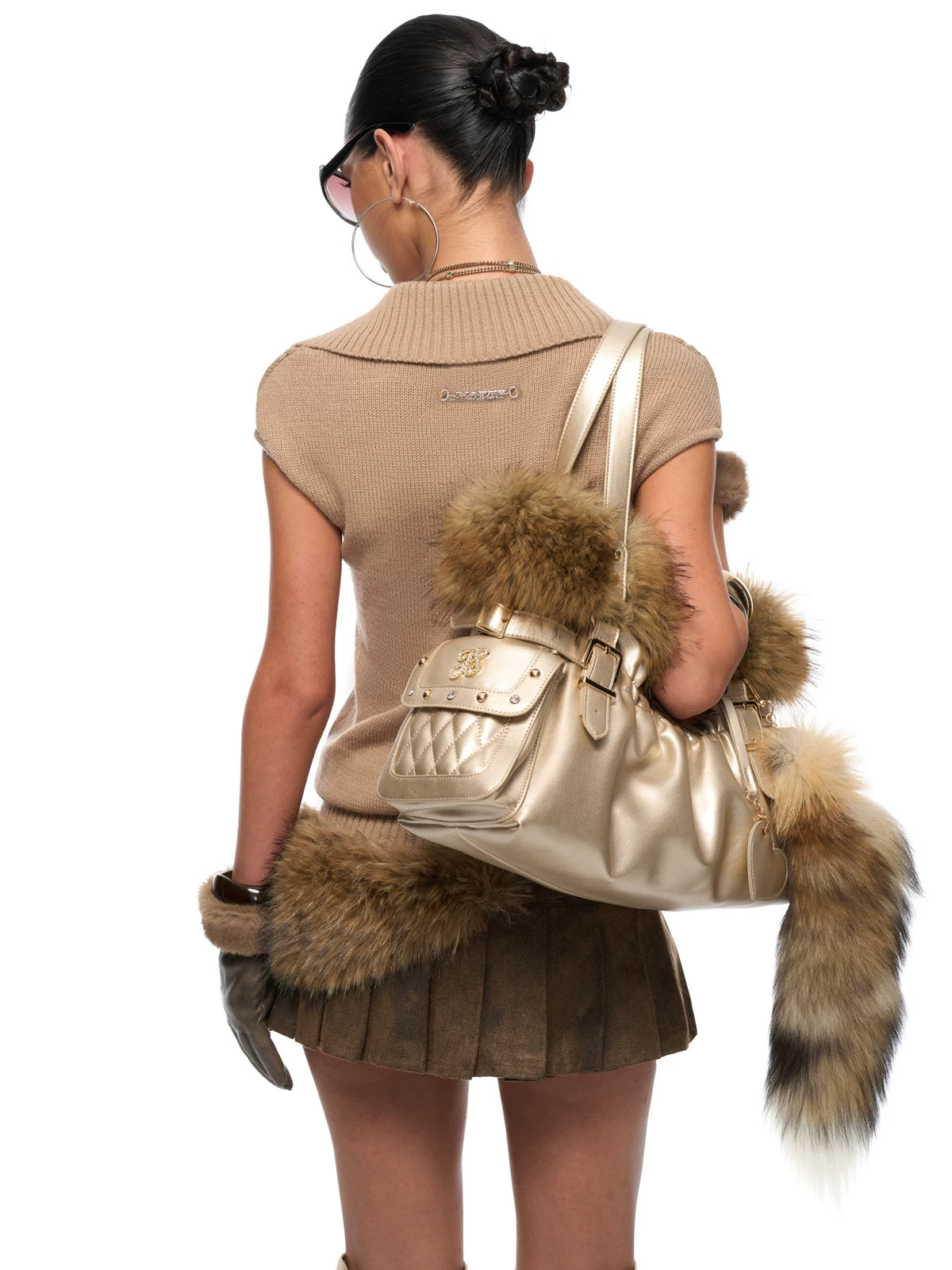 Golden Purr Luxe Faux‑Fur Charm Tote